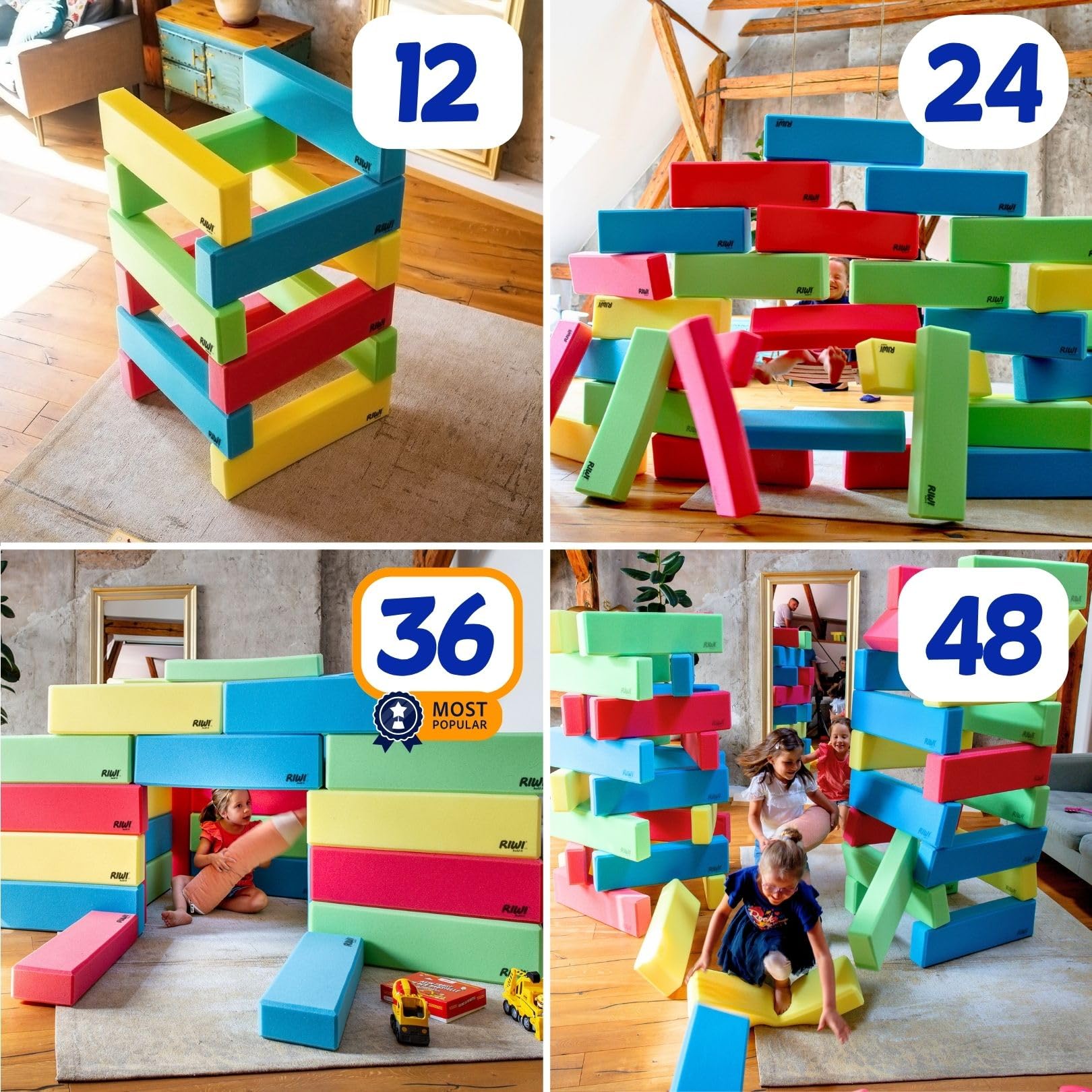 RIWI Set di 48 mattoncini da costruzione XXL in gommapiuma, grandi mattoncini morbidi per bambini, certificati TÜV Austria e Öko-Tex, lavabili in lavatrice