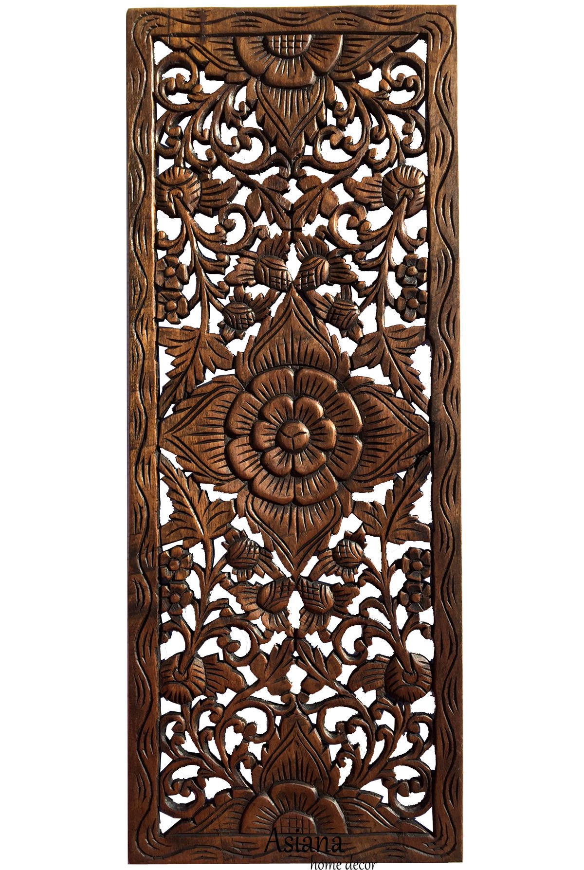 Lotus Carved Teak Wood Wall Art Panel. Asian Inspired Home Decor. Wood Carved Floral Wall Hanging. Size 35.5"x13.5" (Dark Brown)