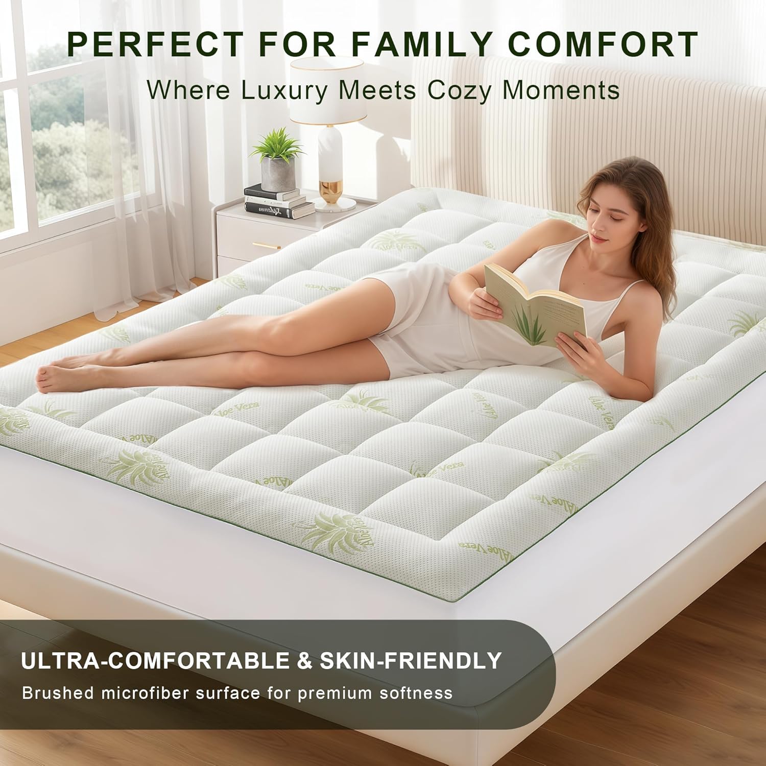 Mattress Topper Queen Size Pillow Top - Aloe Vera Blend Extra Thick Padded Mattress Pad & Protector, Breathable Fitted Deep Pocket 8-21, Ultra Soft & Supportive
