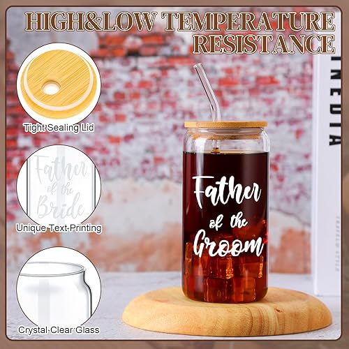 Miniatura 3 de 2 juegos de tazas de vidrio para madre del novio con tapas y pajitas, tazas de café helado de 16 onzas, regalos de boda para novia y novio (padre)