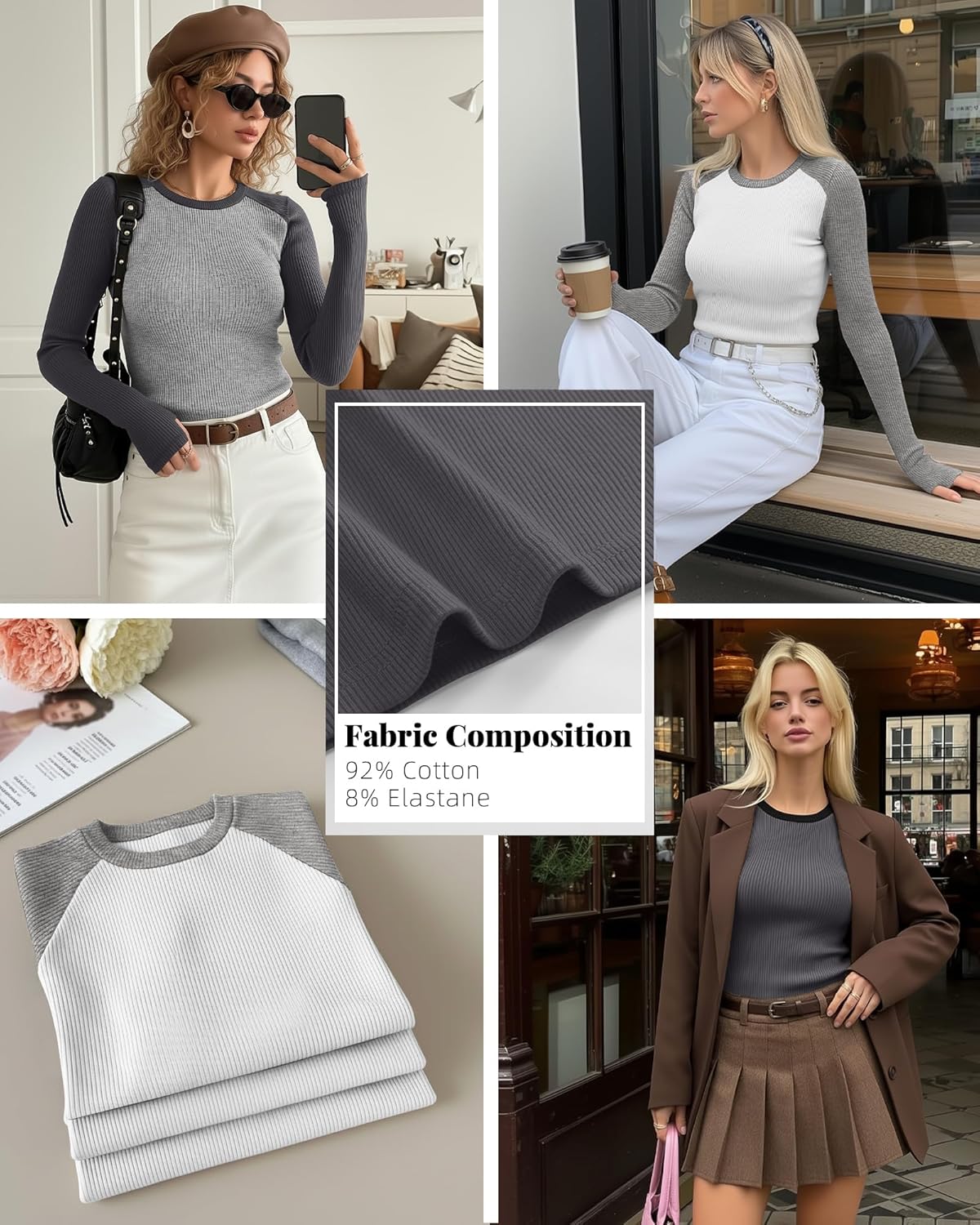 3 Pack Women's Raglan Long Sleeve Shirts, Cotton Color Block Baseball Tee Ribbed Fitted Crew Neck Tops Thumb Holes - Image 2