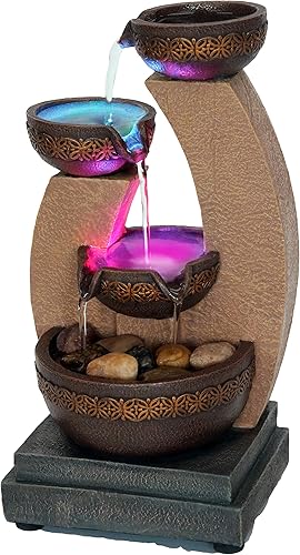 Fuente de cuenco con niveles de oro de 11 "H con luces LED que cambian de color con adaptador marrón
