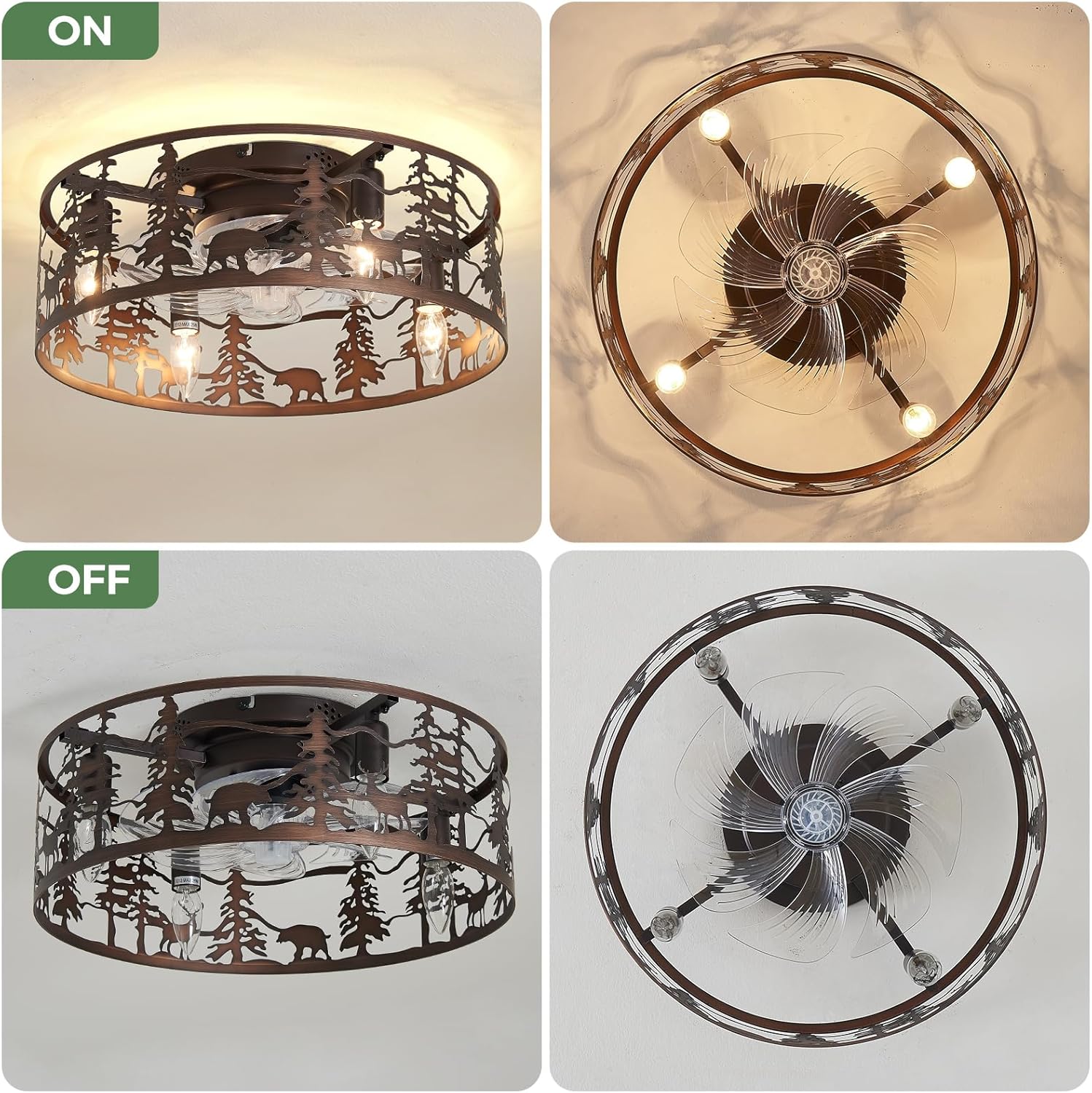 DESOOP Farmhouse Flush Mount Ceiling Fan, Brushed Bronze Caged Low Profile Ceiling Fan with Remote and 6 Speeds DC Motor, Rustic Antler Ceiling Fan for Living Room, Bedroom, Entryway Lighting