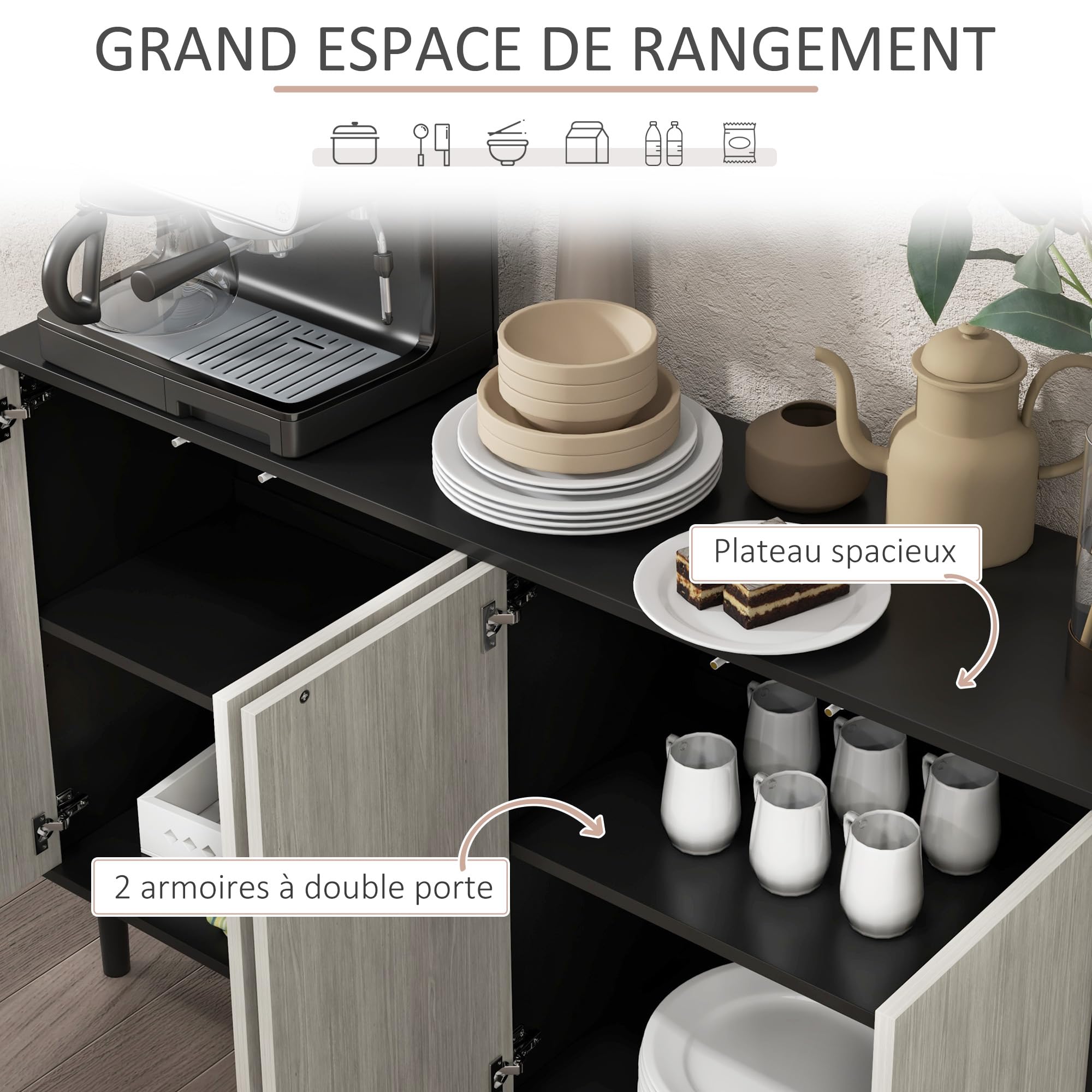 HOMCOM Buffet Cuisine 2 Placards 121x37x75cm Noir et Aspect Bois Gris | Meuble de Rangement, Armoire de Cuisine, Étagères Réglables