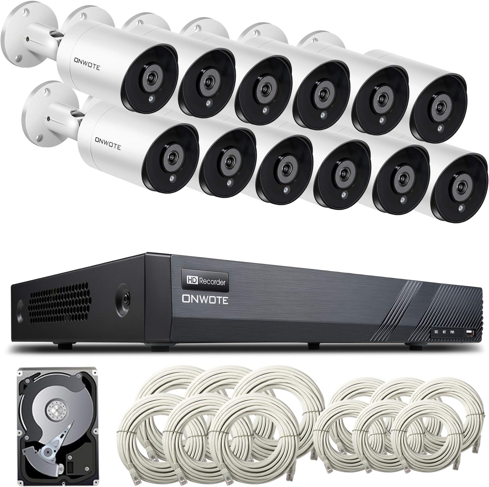 【Expandable Audio】 ONWOTE 16 Channel 4K H.265 NVR (12) 3X Optical Zoom Autofocus Audio PoE Security Camera System 4TB HDD, 2.8-8mm Motorized Lens Outdoor 5MP IP PoE Ethernet Security Camera, 130ft IR
