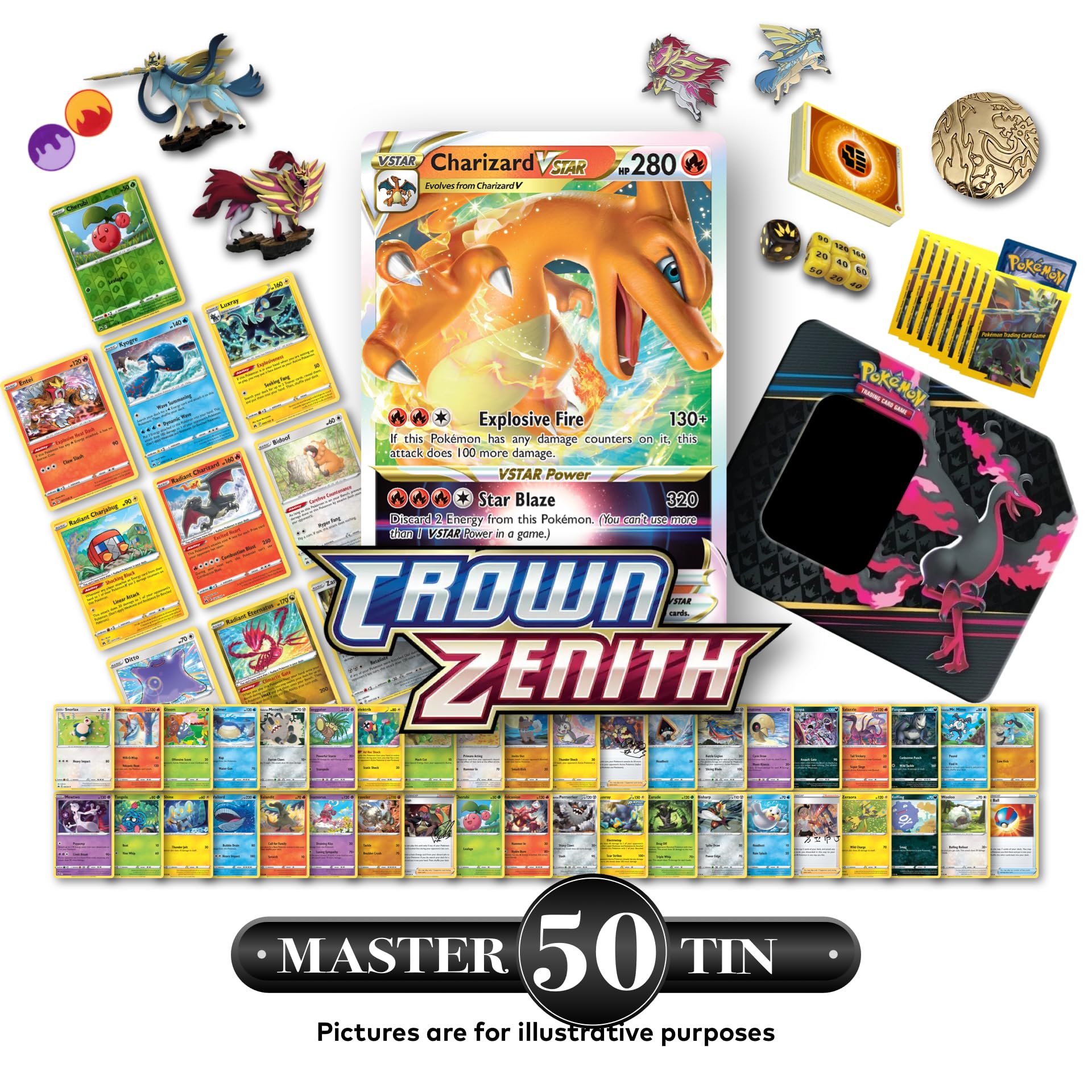 Limited Edition Pokemon Crown Zenith Mystery Tin - 50x CZ cards incl. 10x CZ Holos | 1x Ultra Rare Crown Zenith Card | Large Tin, Figures, Card Sleeves, Dice, Counters + more! | By Poke Bruvs