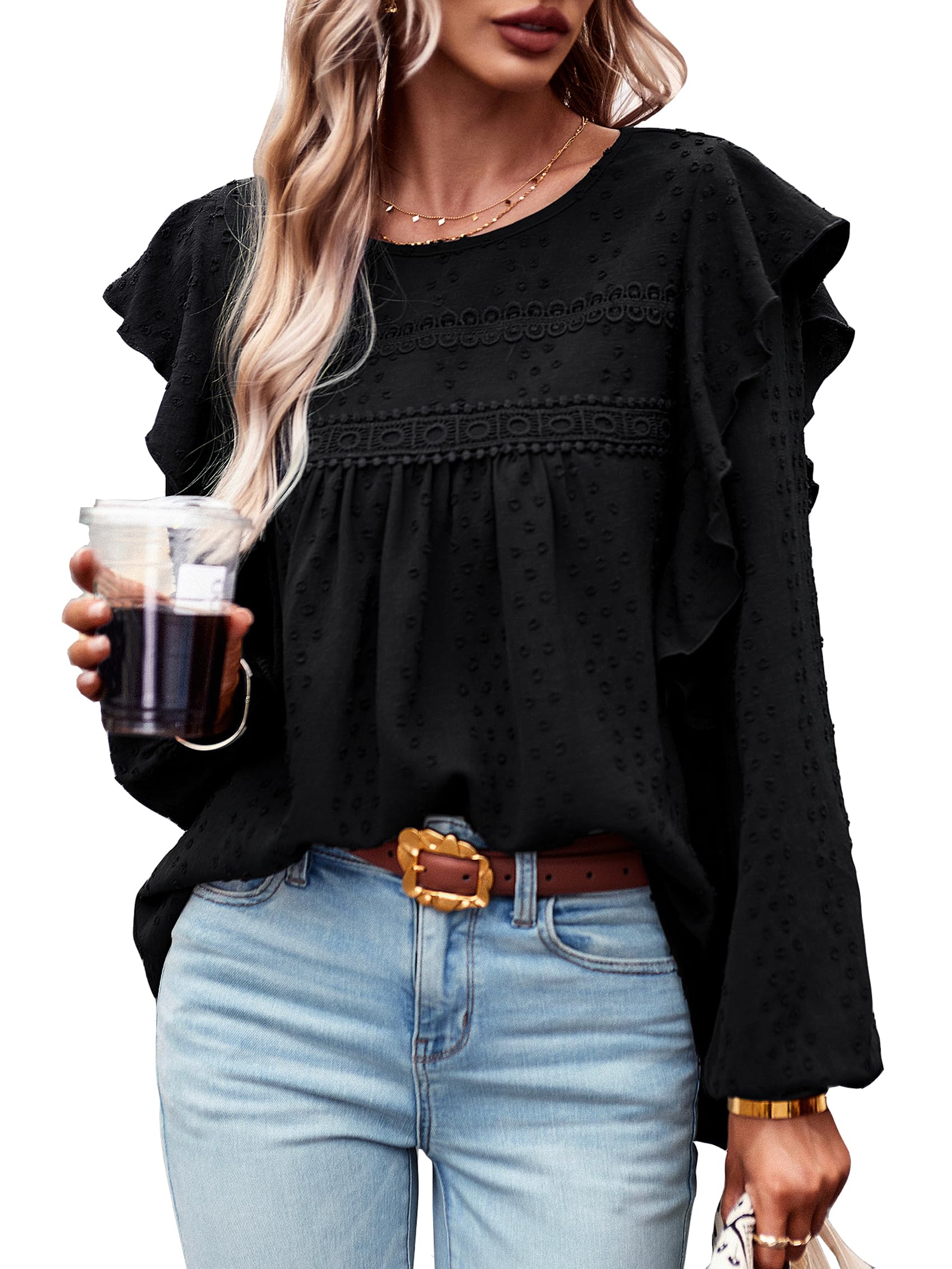 MYCOLORBLUE Blusen Tuniken für Damen Elegant Rüschenärmel Swiss Dot Spitzenbesatz Vorne Falten Streetwear Rundhals Bluse