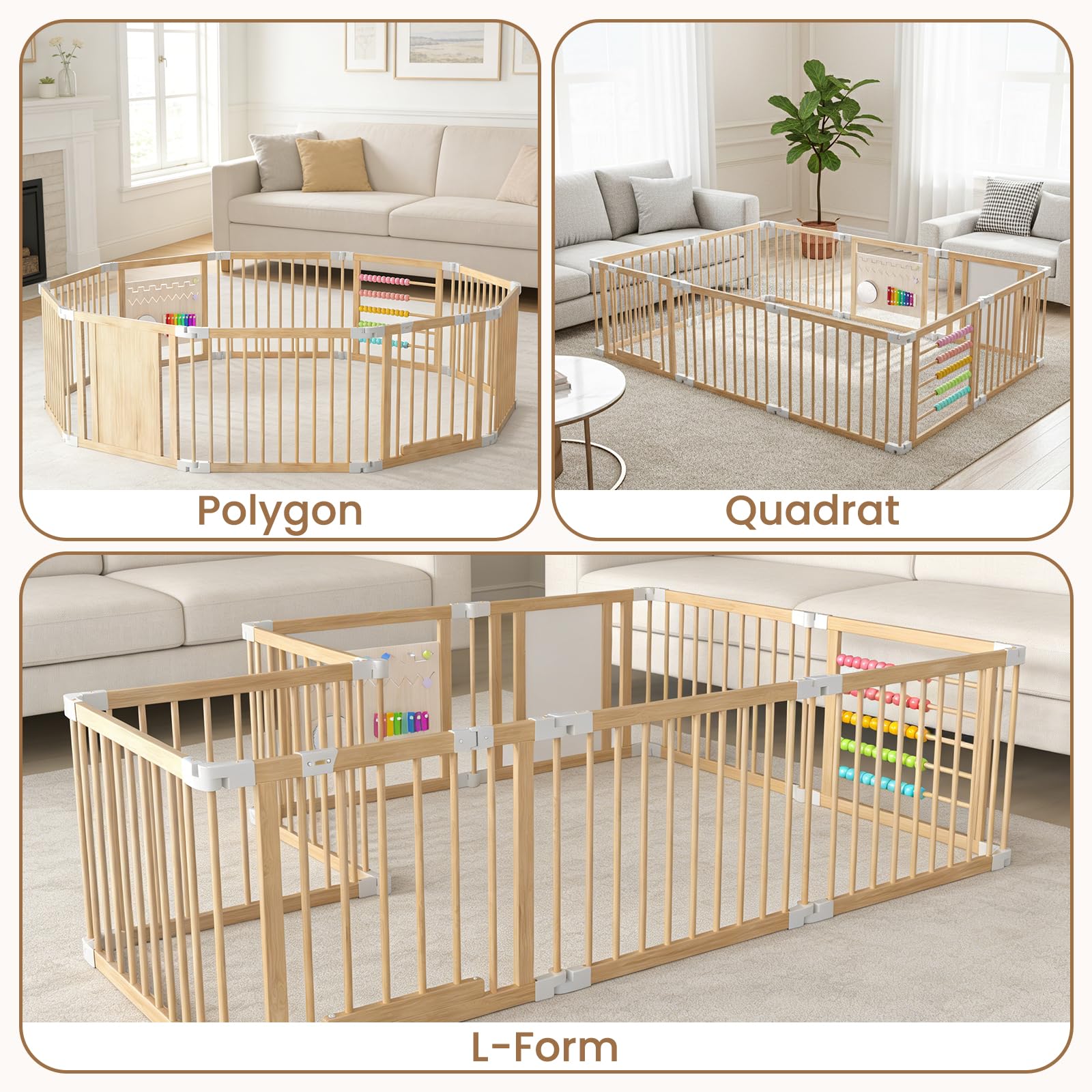 240x160x61cm Baby Laufgitter klappbar Laufstall Holz Kinder Activity Center mit Tür, musikalischem Spielzeug Krabbelgitter Verformbar Absperrgitter für Kinder (10 Paneele)
