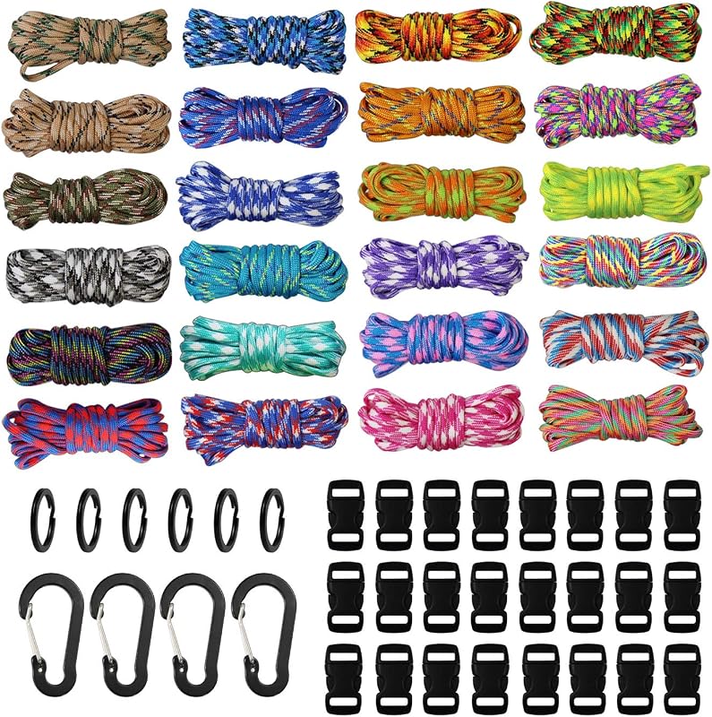 aufodara Kit Paracord 240 Piedi 24 Colori Corda di Paracord con 24 Fibbie in Plastica, 6 Anello Portachiavi e 4 Moschettone Tessitura Bracciale Fai da Te, Collare per Cani, Campeggio Sopravvivenza