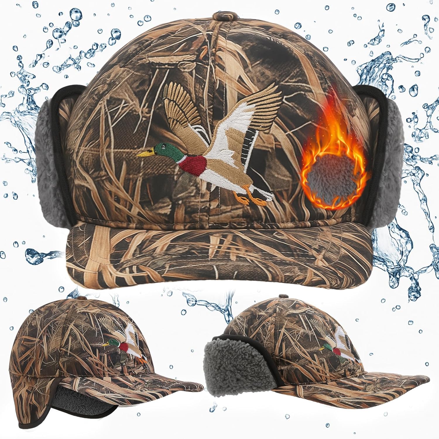Duck Winter Hunting Hat Camo Warm Hat with Sherpa Lined Ear Flap Waterproof Windproof for Men Cold Weather - Image 8
