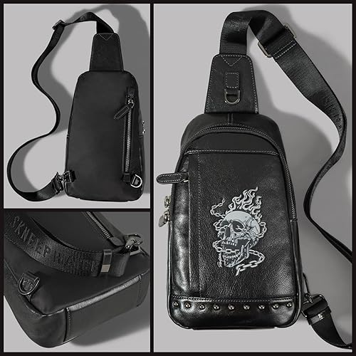 Miniatura 3 de Bolso bandolera pequeño de cuero genuino para hombres Crossbody, bolso negro de hombro de calavera para hombre, mochila de una sola correa, Negro -