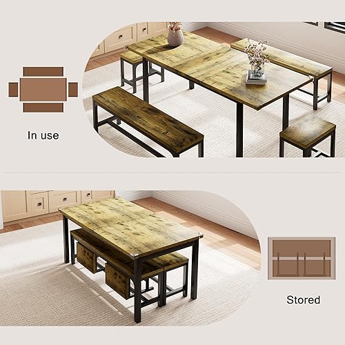 Miniatura 2 de Juego de mesa de comedor de 5 piezas para 4-6, juego de mesa de cocina extensible de 63 pulgadas con 2 bancos y 2 taburetes, mesa de comedor de