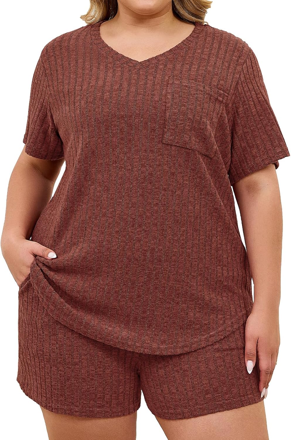 Koscacy Womens Plus Size Lounge Sets 2 Piece Short Sleeve Tops and Shorts Sleepwear Pajama Set with Pockets