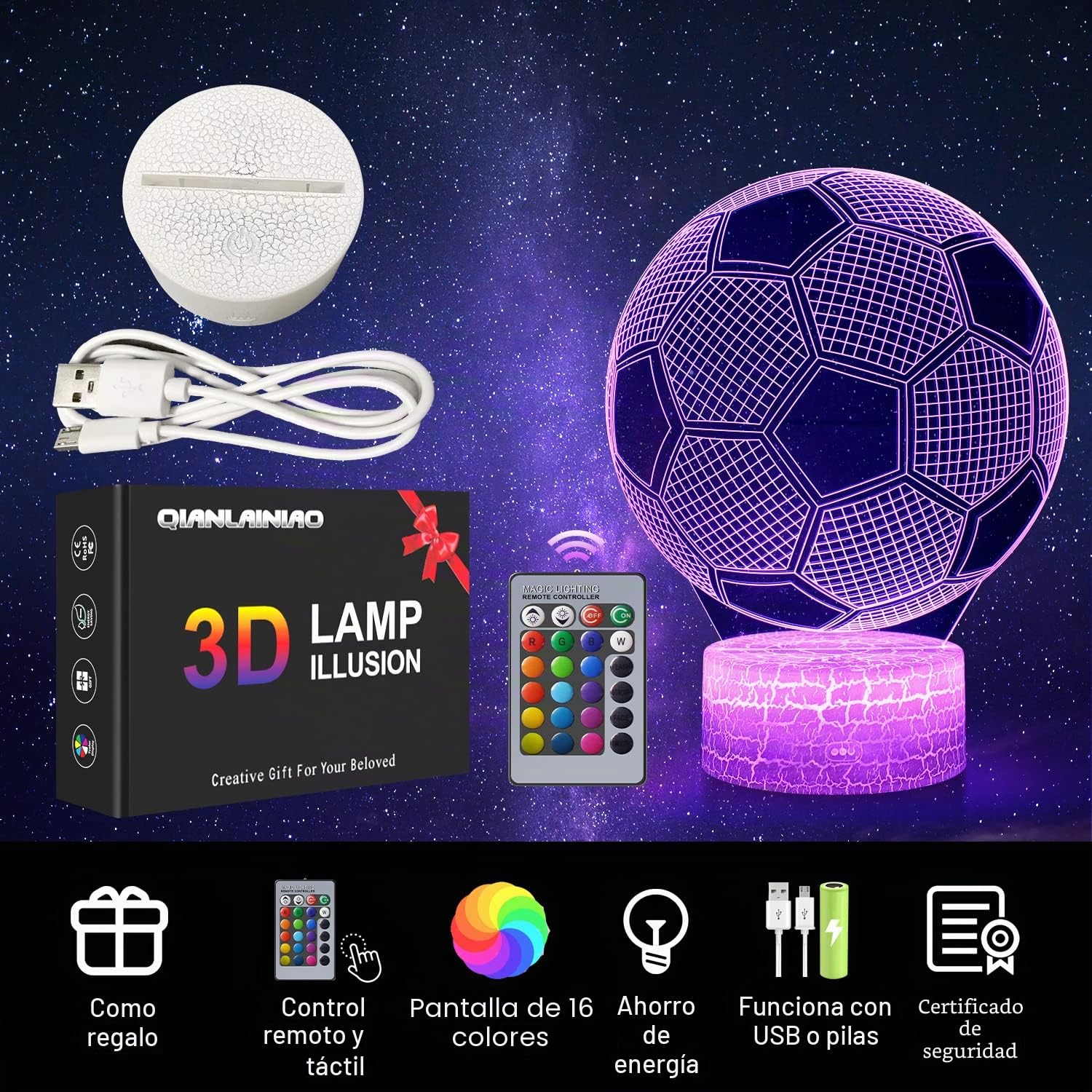 Lámpara 3D LED Fútbol para Niños con Control Remoto 16 Colores