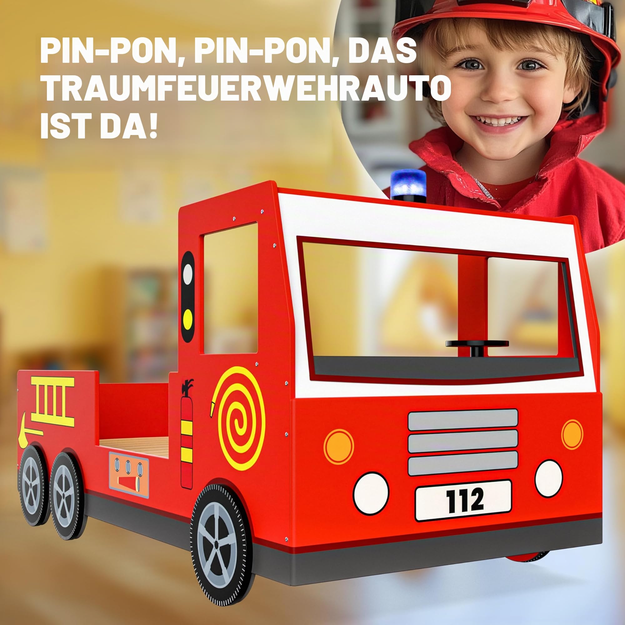 CASARIA Kinderbett 90 x 200 cm mit Rausfallschutz Lattenrost 120 kg | Bis 120 kg belastbar, stabiles MDF-Verbundholz, mit Echtlicht Sirene, 3D Lenkrad, Feuerwehr-, Jugend-, Auto- Bett