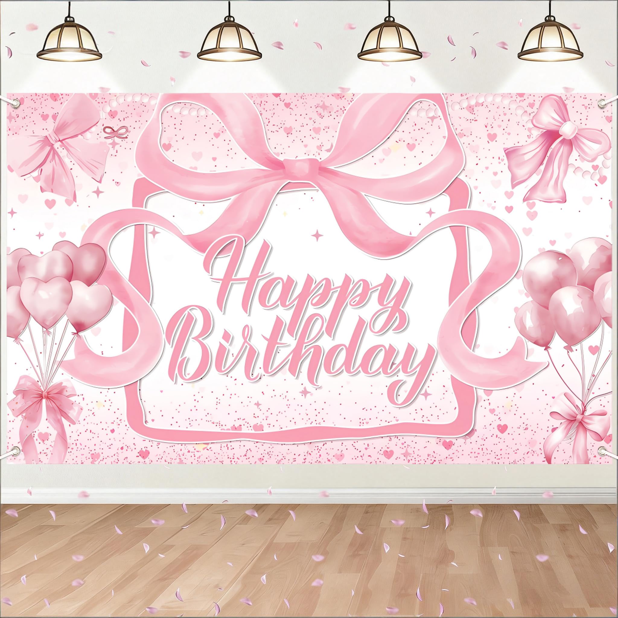 Pink Bow Birthday Backdrop, Bow Happy Birthday Banner Decorations, Fabric Photo Background Sign for Girls Women Birthday Party Decoration