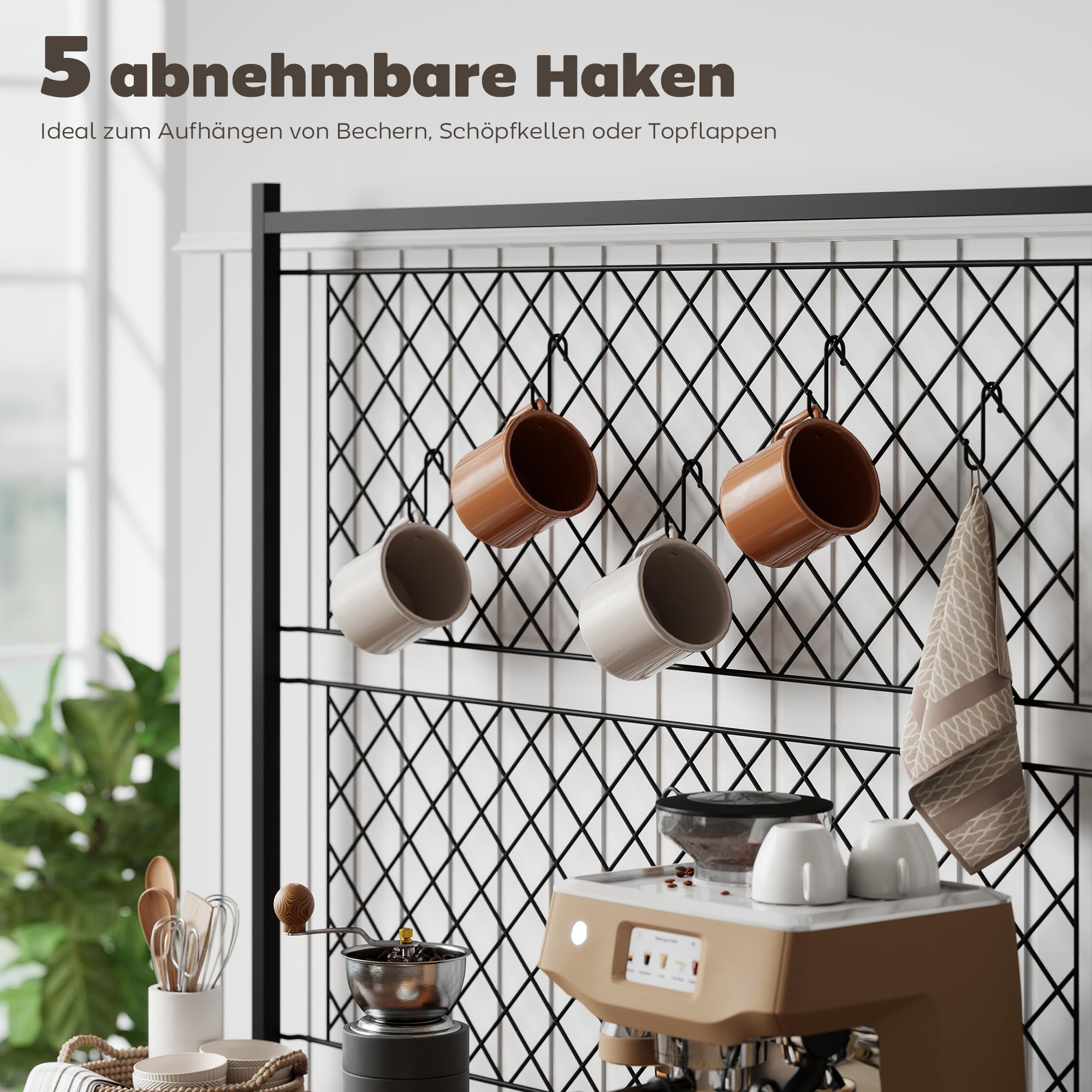 HOMCOM Küchenregal, Standregal mit 5 S-Haken, 2 Ablagen, Metallgitterpaneele, Kaffeebar mit Weinregal, Bäckerregal aus Metallrahmen, Rustikal-Braun, 96,5 x 38 x 165 cm