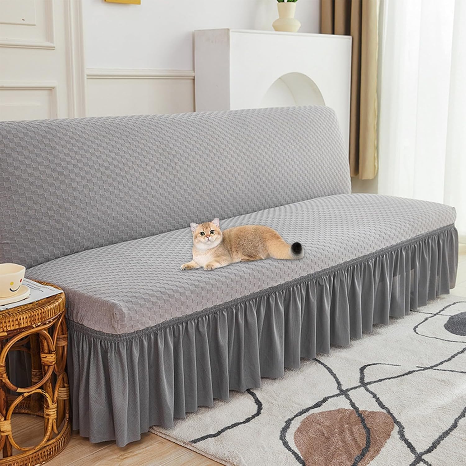 Armless Sofa Cover with Skirt Stretch Futon Covers Full Size with Elastic Bottom Folding Sofa Bed Slipcover Protector for Living Room Light Gray
