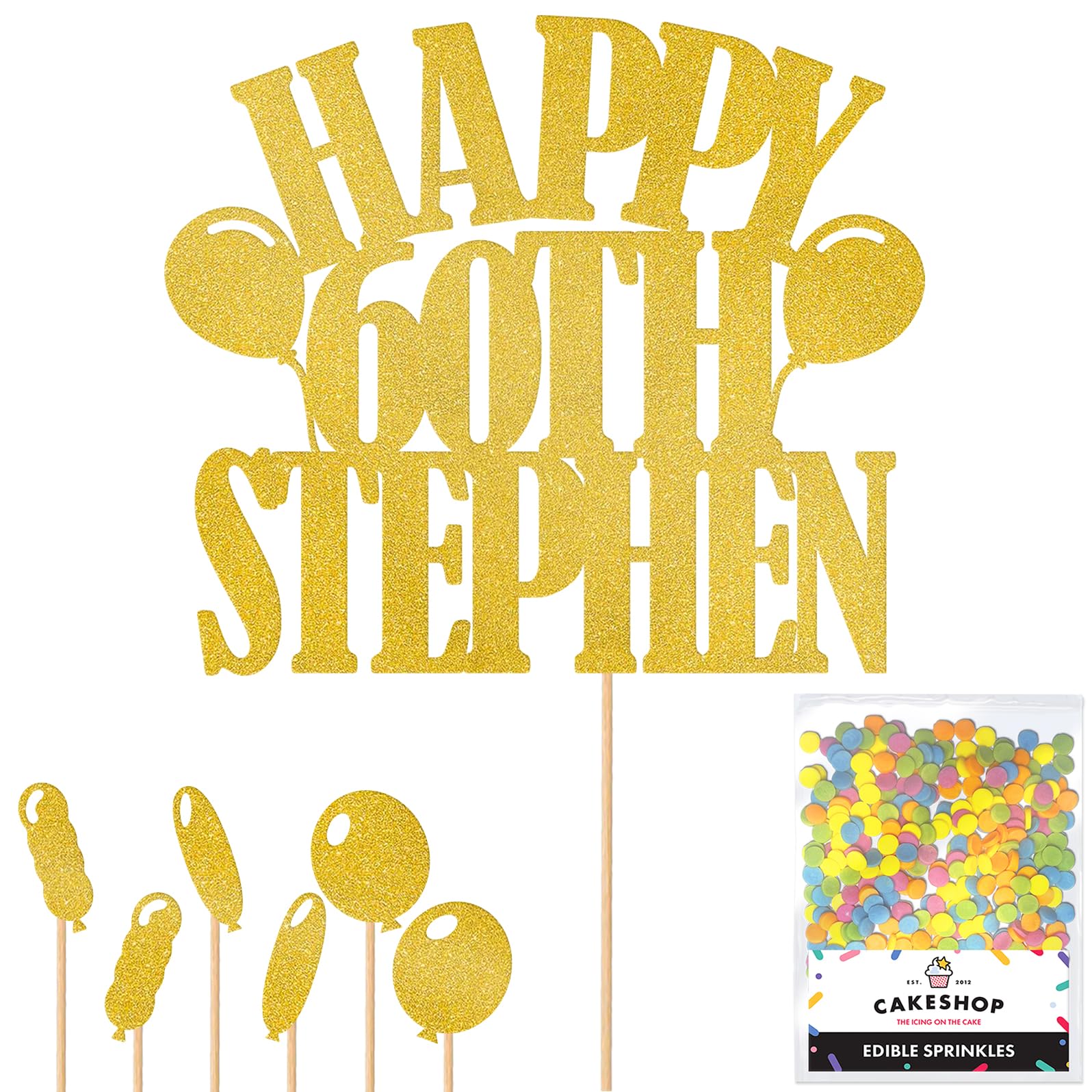 Personalised Happy Birthday Glitter Cake Topper with Balloons - Gold Any Name Age Glitter Cake Decoration and Sprinkles - Happy Birthday Decorations - Personalised Toppers for Cakes by Cakeshop