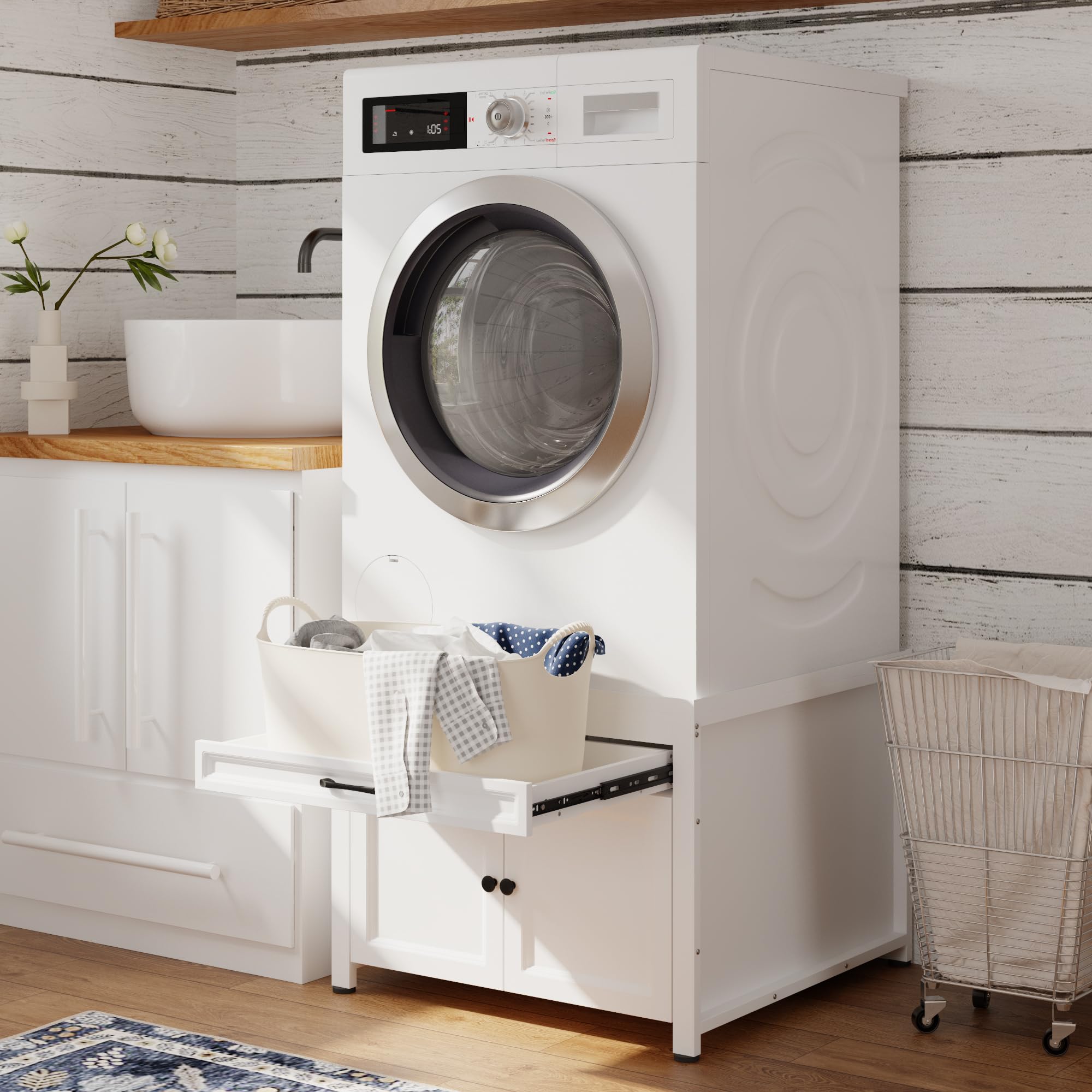 Pedestal de lavandería ECACAD para lavadora y secadora, soporte universal para lavadora con cesto para ropa, estantes de almacenamiento, antivibración, blanco, 29,1 de profundidad x 29,1 de ancho x 22,4 de alto