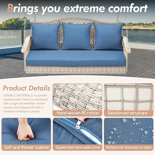 Miniatura 3 de Columpio colgante de mimbre mejorado para porche, resistente de 900 libras, 3 asientos, para patio, para adultos, con cadenas colgantes de 8.9 pies,