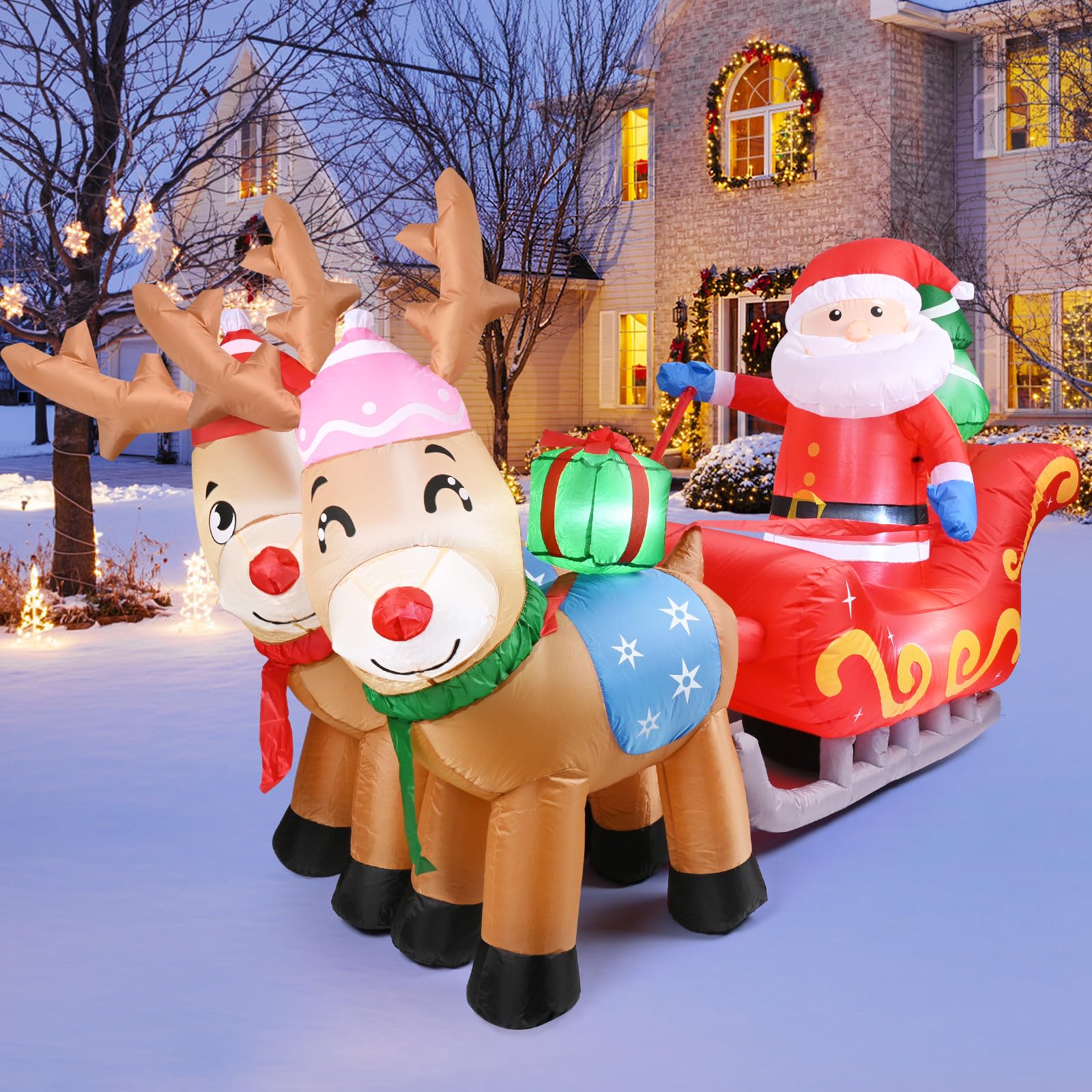 Pfloge® Papa Noel Hinchable, L 200 cm x H 120 cm, Muñecos de Navidad Grandes con Luces, Decoracion Navidad Exterior, Inflables de Navidad LED para Jardines, Centros Comerciales y Celebraciones