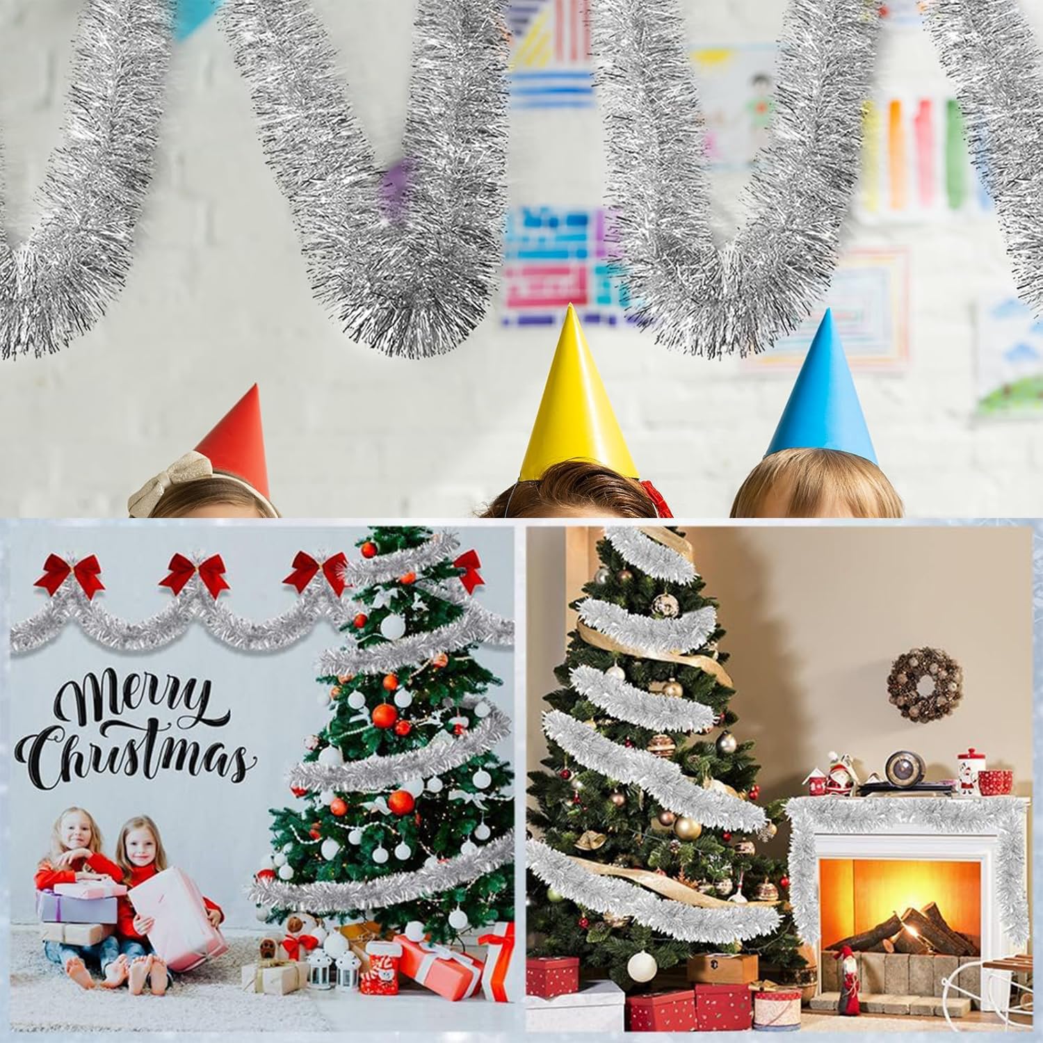 Ghirlanda Di Orpelli per Albero Di Natale Da 6 Pezzi, Ghirlanda Di Decorazioni Natalizie 2m, Ghirlanda Di Decorazioni per Albero Di Natale, Ghirlanda Di Natale (Argento)