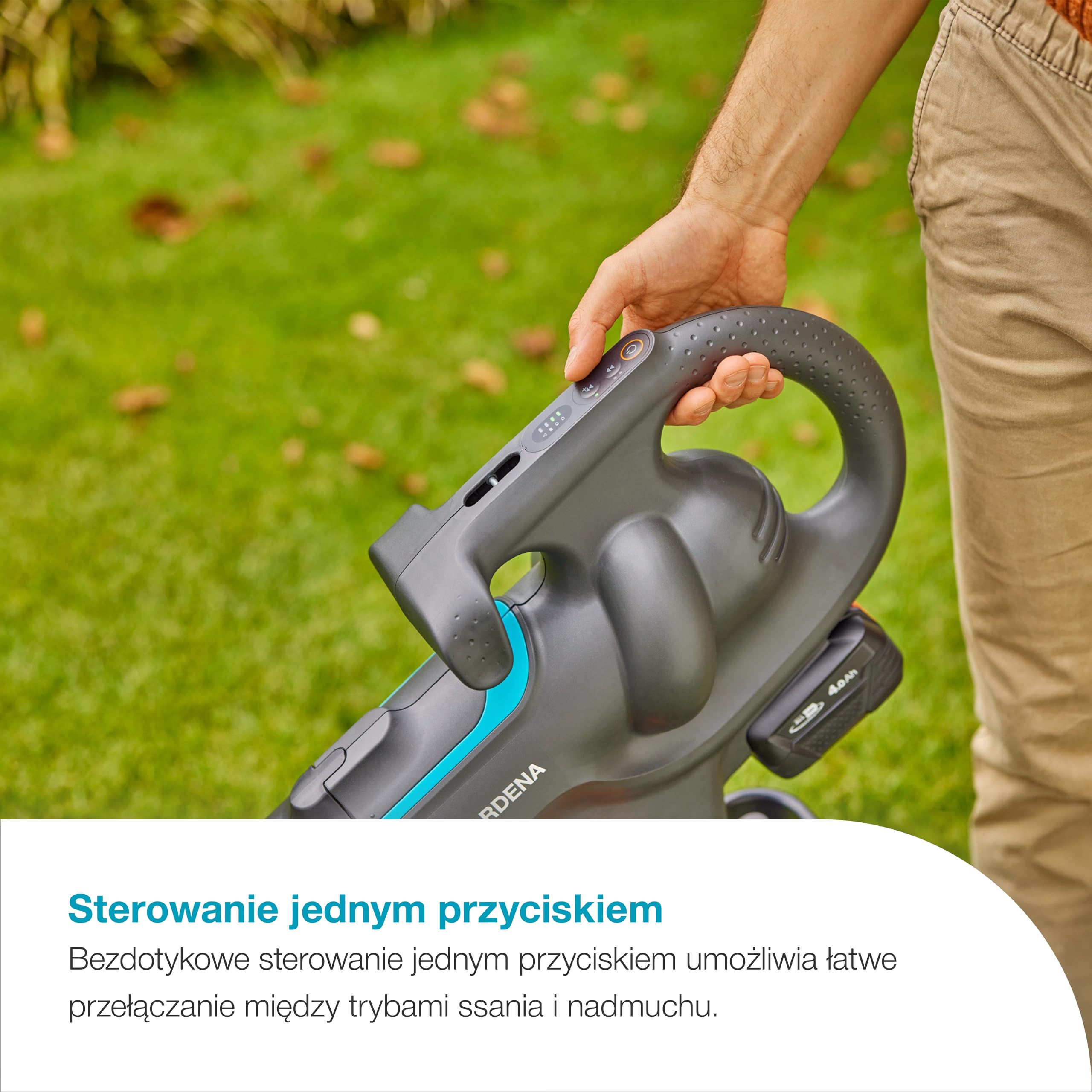 Gardena Akumulatorowa dmuchawa/odkurzacz 18V P4A – bez akumulatora: Silny przepływ powietrza, Szybka zmiana trybu, Regulacja prędkości, Worek, Brak przewodu (14895-55)