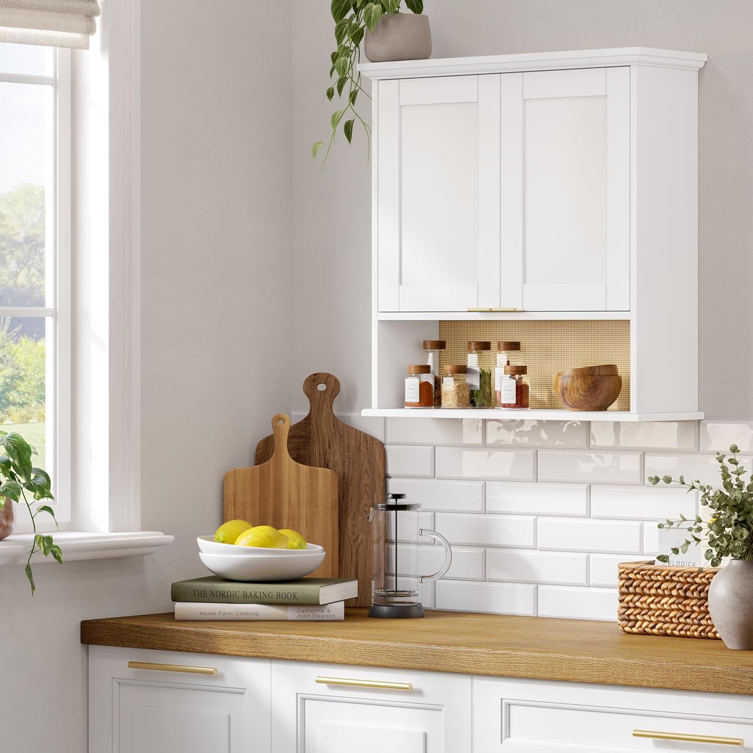 RiverRidge Two-Door Kitchen Storage Wall Cabinet with Woven Rattan Backboard, Soft-Close Hinges, and Adjustable Shelving Wall-Mounted Pantry Cabinet with - White