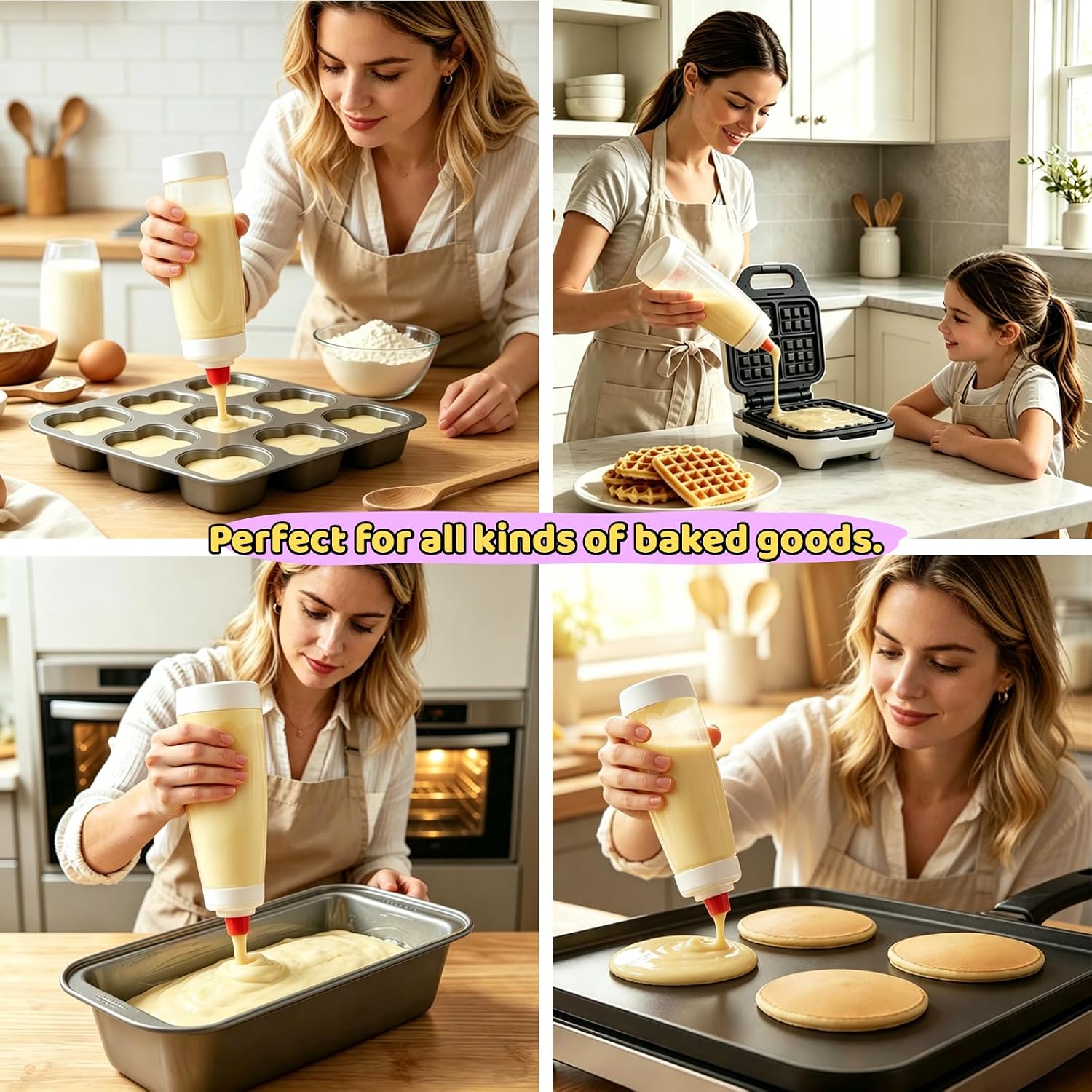 2PCS 1000ml Pancake Batter Dispenser, Squeeze Shaker Mixing Bottle with Mixing Ball and Silicone Scraper, Essential Kitchen Baking Tool for Pancakes, Crepes, Waffles, Muffins & Cupcakes