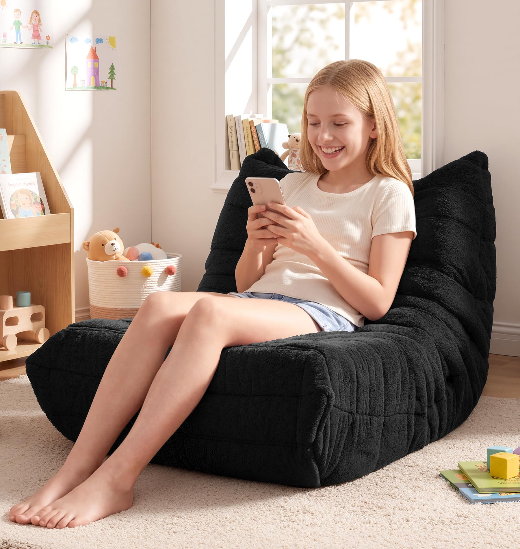 Hobestluk Bean Bag Chair with Memory Foam Ultra Soft Faux Fur Fabric Ergonomic Design Small Bean Bag Couch Beanbag Chair for Living Room Bedroom Playroom(Black Plush Medium)