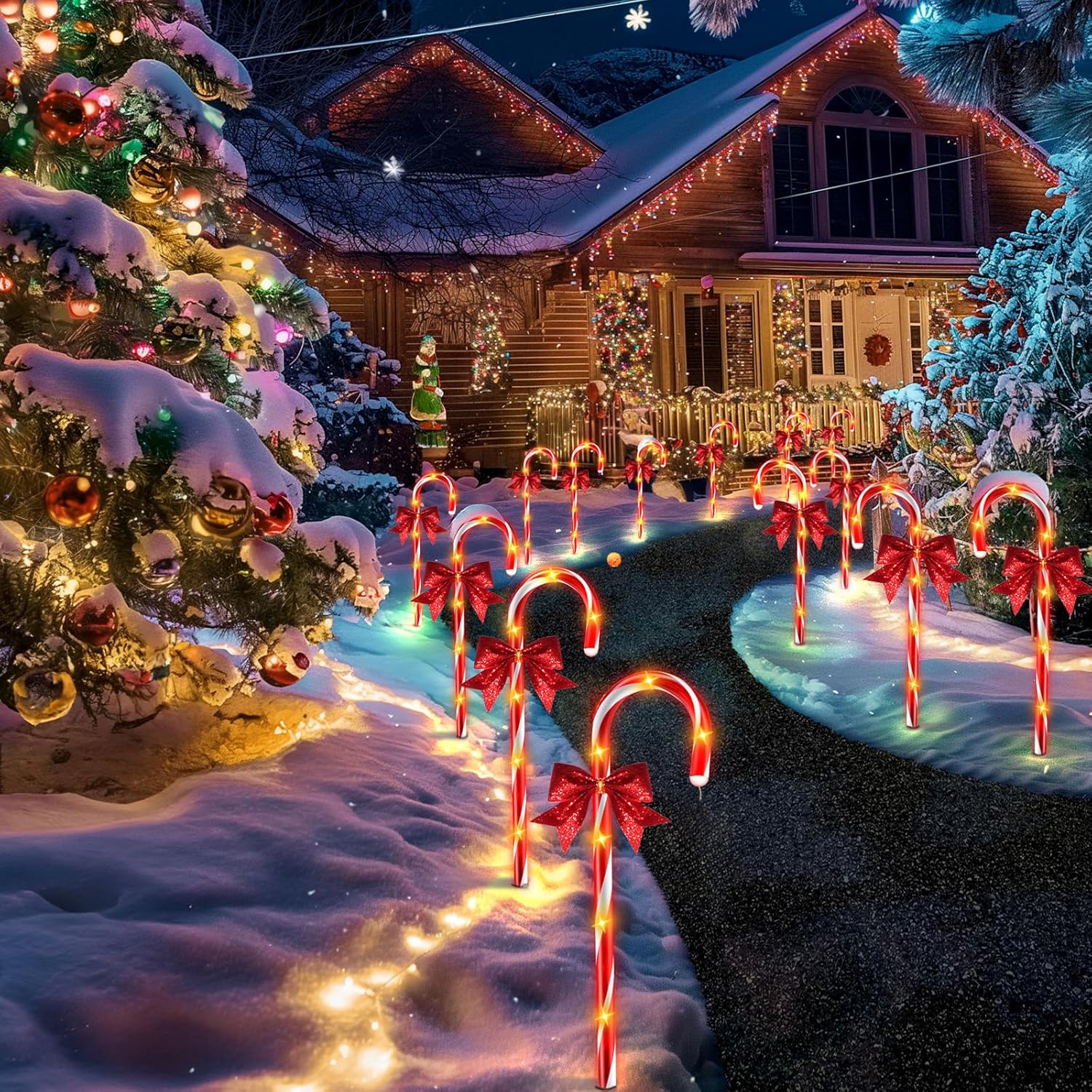 HELESIN Solar Christmas Decor Outdoor Candy Sticks Light Chain 14 Pieces, 8 Modes Timer Solar Christmas Lighting, 84 LED Waterproof Candy Sticks Lighted Outdoor for Garden Christmas Decor