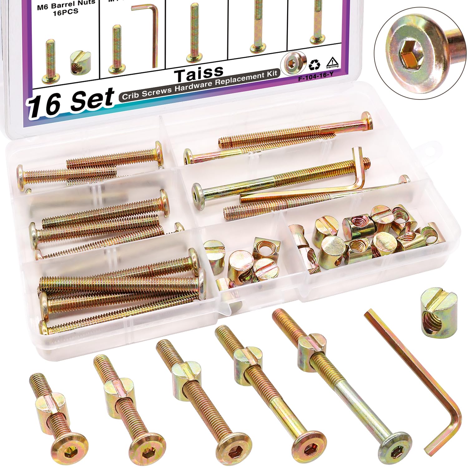 Taiss Crib Screws M6x40mm/ 50mm/60mm/70mm/80mm 16 Set Baby Bed Crib Screws Hardware Replacement Kit,Bed Frame Bolts,Baby Crib Parts Hex Socket Cap