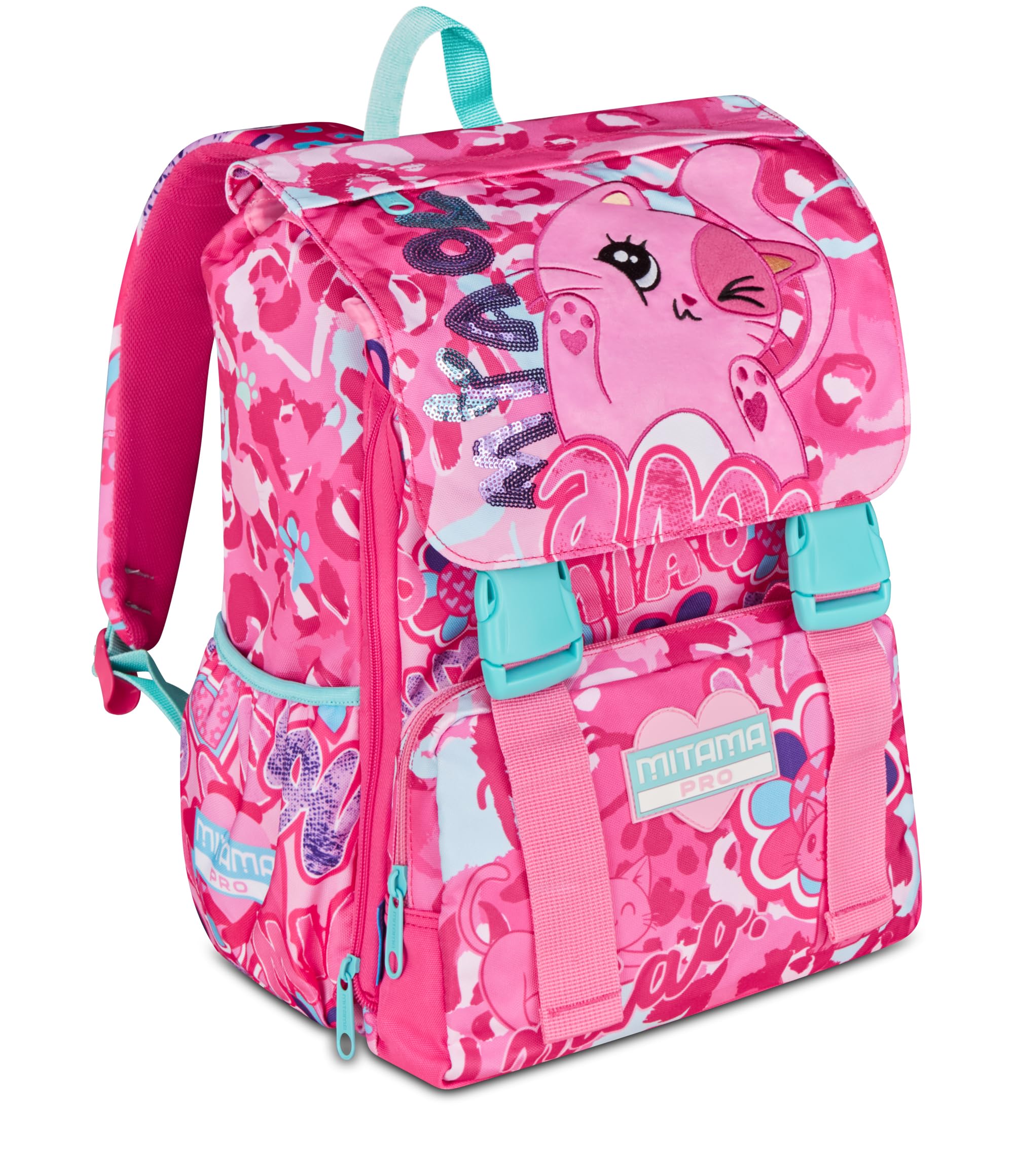 Mitama Zaino Estensibile 4 Zip, CUTIECAT, Rosa, Maxi Capienza, Tasca Porta Borraccia, Doppio Scomparto, Schienale Preformato, Bambina, Scuola Elementare