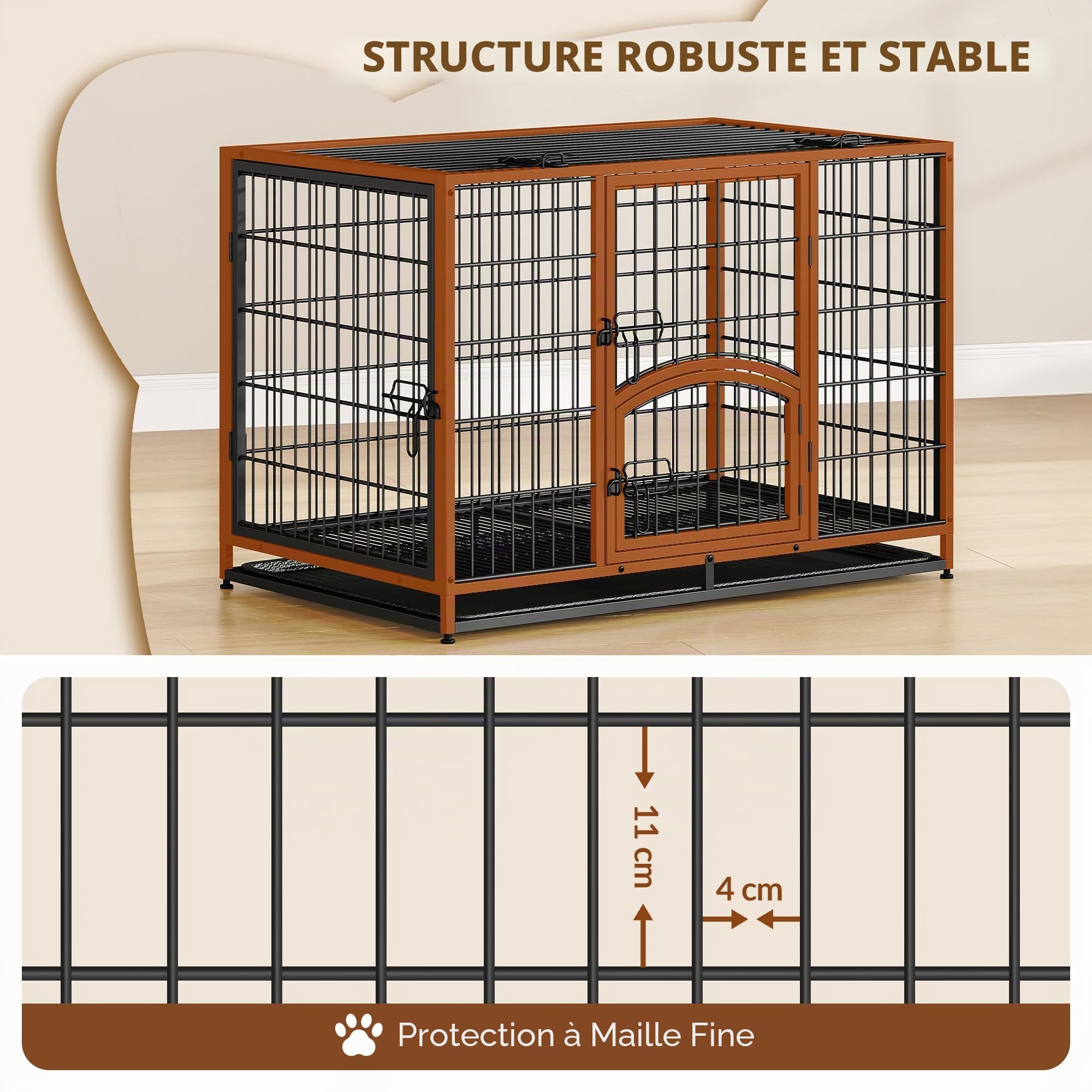 Cage pour Chien Lourd, XL Cage pour Chien Métal avec Porte Latérale et Plateau Amovible, Facile à Nettoyer, 4 Portes Caisse pour Animaux, Caisse Chien Intérieur, Noir, 107 x 70 x 75 cm