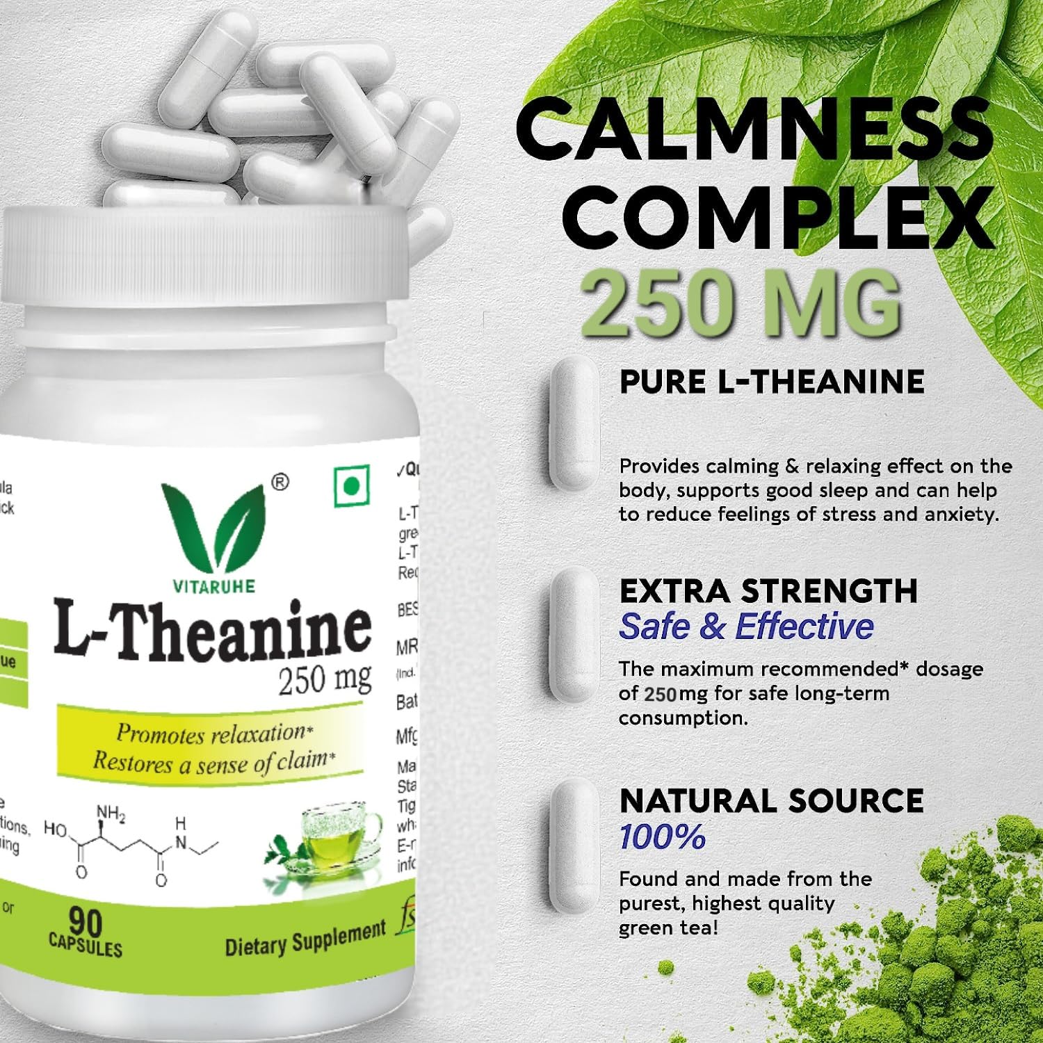 VITARUHE® L-Theanine 250 mg - Promotes a Relaxed State & Healthy Stress Response* -90 Capsules 1