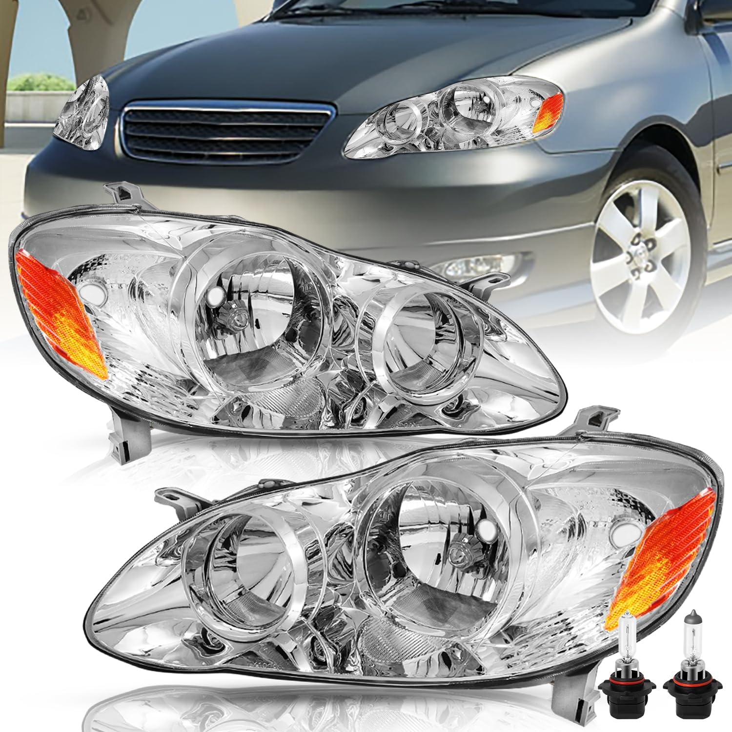 Headlight Assembly Replacement for Toyota Corolla 2003 2004 2005 2006 2007 2008 Headlamps Replacement Passenger and Driver Side, Chrome Housing with Amber Reflector (Bulbs Included)