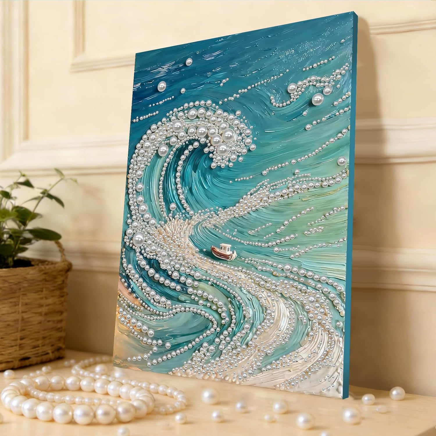 POETRYDRAW DIY Diamond Pearl Painting Kit for Adults Waves, Beginner Friendly Craft Kits with Frame 30x40cm, Home Decor Housewarming Gift, Diamond Dots Beads Canvas Art for Wall Decor