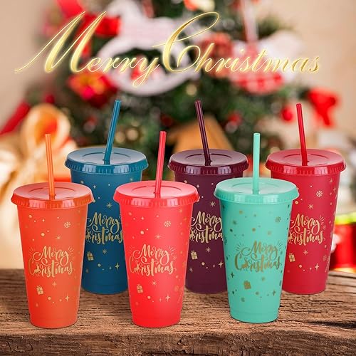 Miniatura 2 de Vaso de Navidad de 24 onzas con popote y tapa, regalos de Navidad a granel, vasos de plástico reutilizables, botella de agua, taza de viaje para