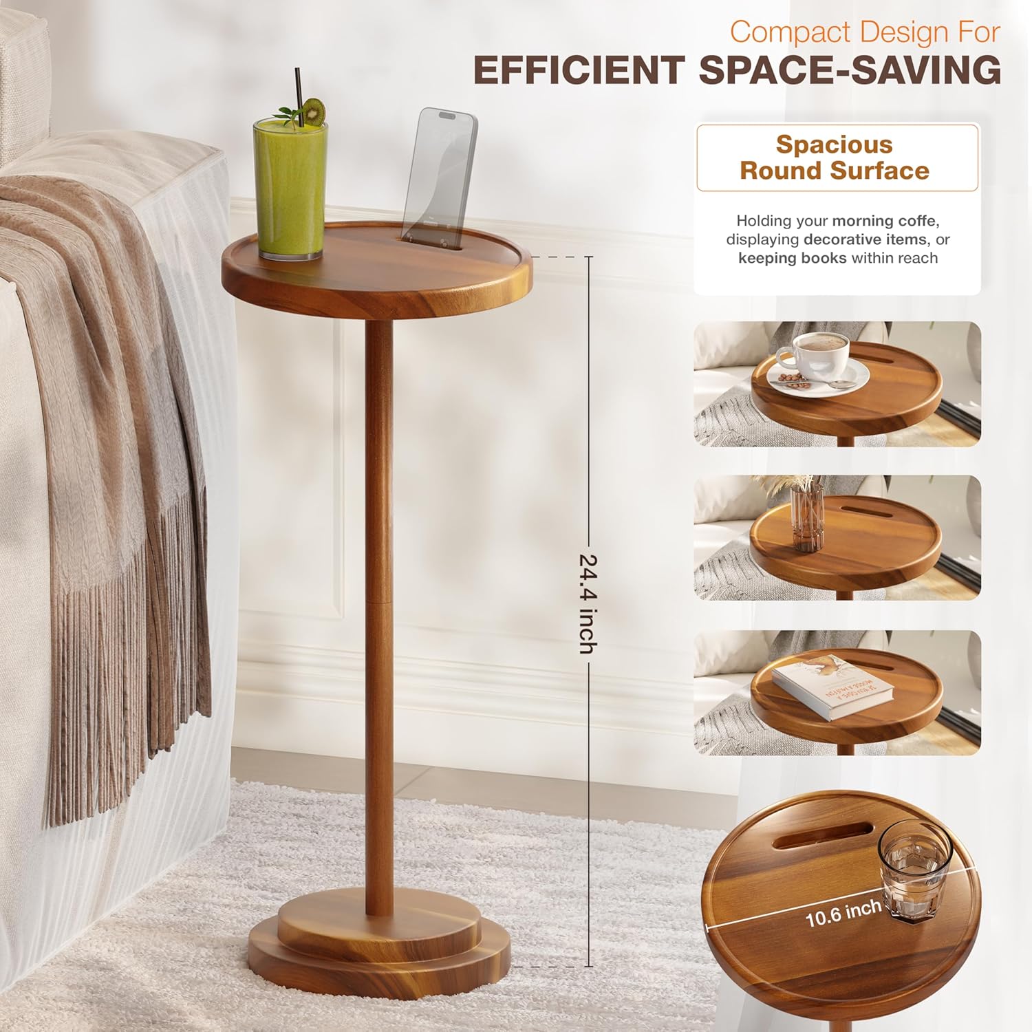 BLUEWEST Drink Table, 24.4" Tall Compact Side Table with Phone Slot and Weighted Base, Durable Pedestal Table Accent for Living Room (Acacia, Double Base)
