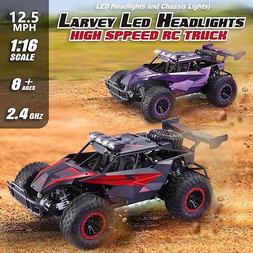 Miniatura 6 de LARVEY Auto de control remoto a escala 116 de 124mih camión de control remoto de alta velocidad todoterreno con faros LED y luces de chasis juguete