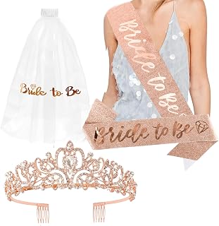 CIEHER Rose Gold Crown + Bride To Be Sash + Wedding Veil Set for Bachelorette Party Favors Bridal Shower Decorations Bachelorette Sash Bridal Sash Bachelorette Gift for Bride
