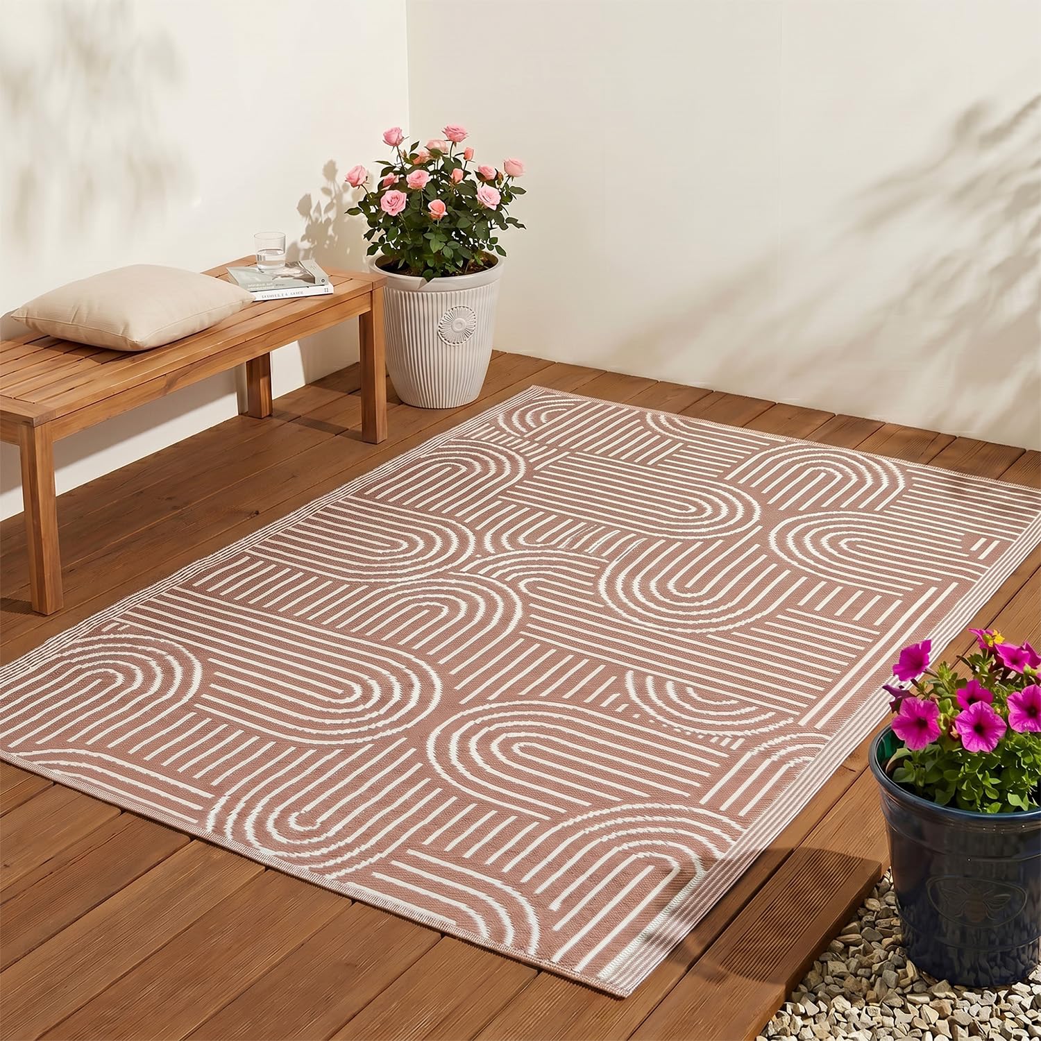 JSH Classic Pattern Outdoor Floor Rugs | Woven Wool-Look Anti-Slip Plastic Garden Mat | Various Designs Leaf Nature Zig-Zag Hard Wearing Heavy Duty | Decking Patio Conservatory Kitchen (Rust Arch)
