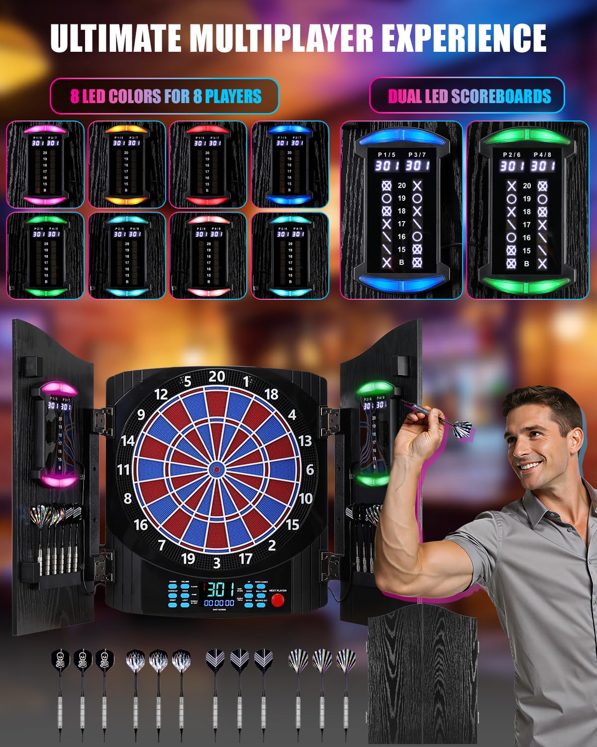 Yirinatek Jeu de Flechette Electronique, [12*Bronze Fléchettes] Cible Flechette Electronique, Armoire à Portes en Bois Rustique, Affichage LED 8 Couleurs, Jeux Flechette - 3