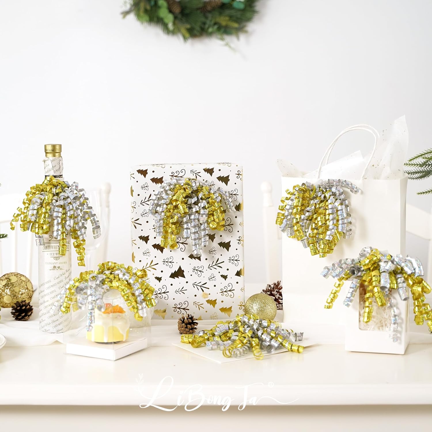 12 PCs Gold Self Adhesive Curly Ribbon Bows, 5 Inch Metallic Christmas Bows for Gift Wrapping, Wine Bottles, Baskets, DIY Party Decor, Holiday Decorations - Image 4