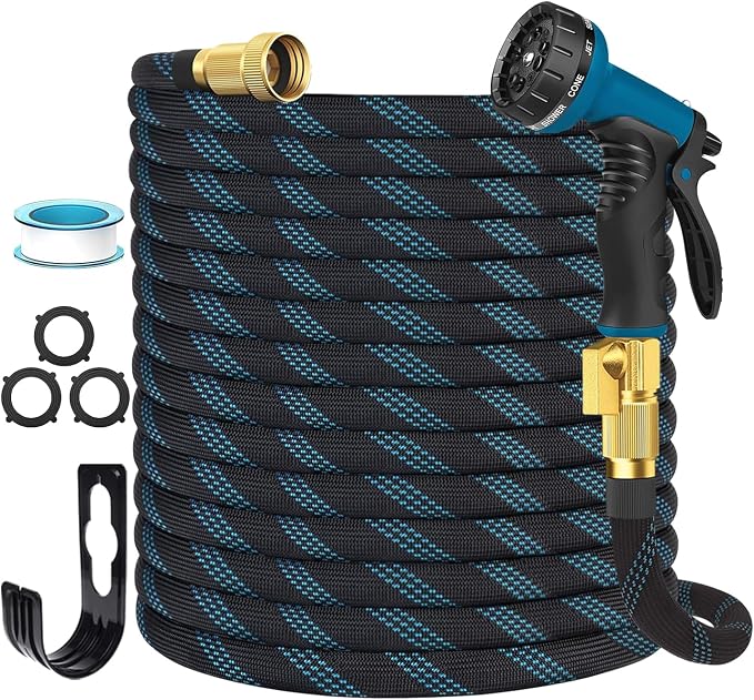 Garden Hose Non-Expandable 100 ft,Lightweight Flexible Water Hose with 10-Pattern Spray Nozzle