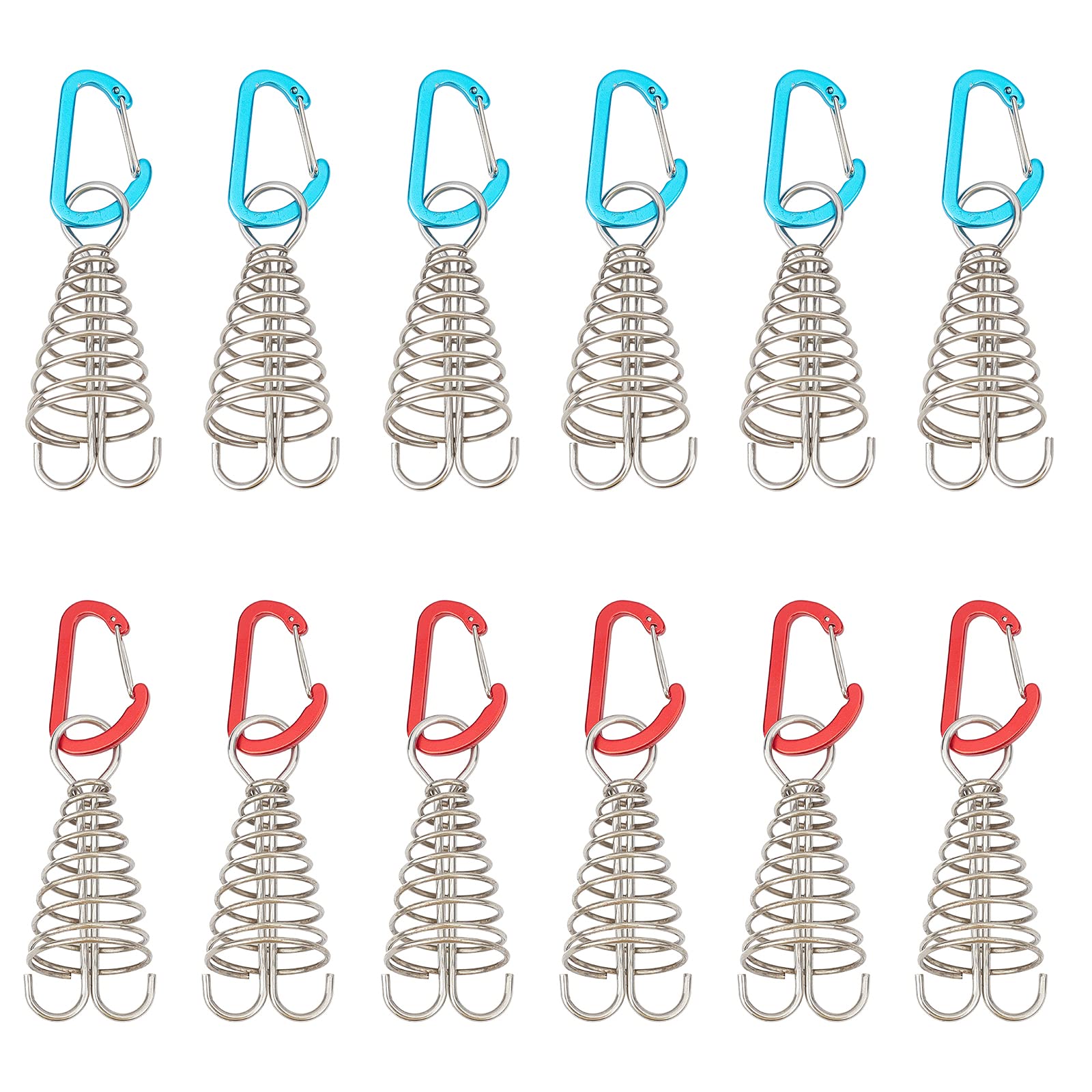 SUPERFINDINGS 12Pcs 2 Colors Fishbone Tent Rope Tightener with Carabiner Clips Aluminum Deck Tie Down Anchor Rope Buckle Windproof Alloy Cord Adjuster Tensioners for Camping on Wood