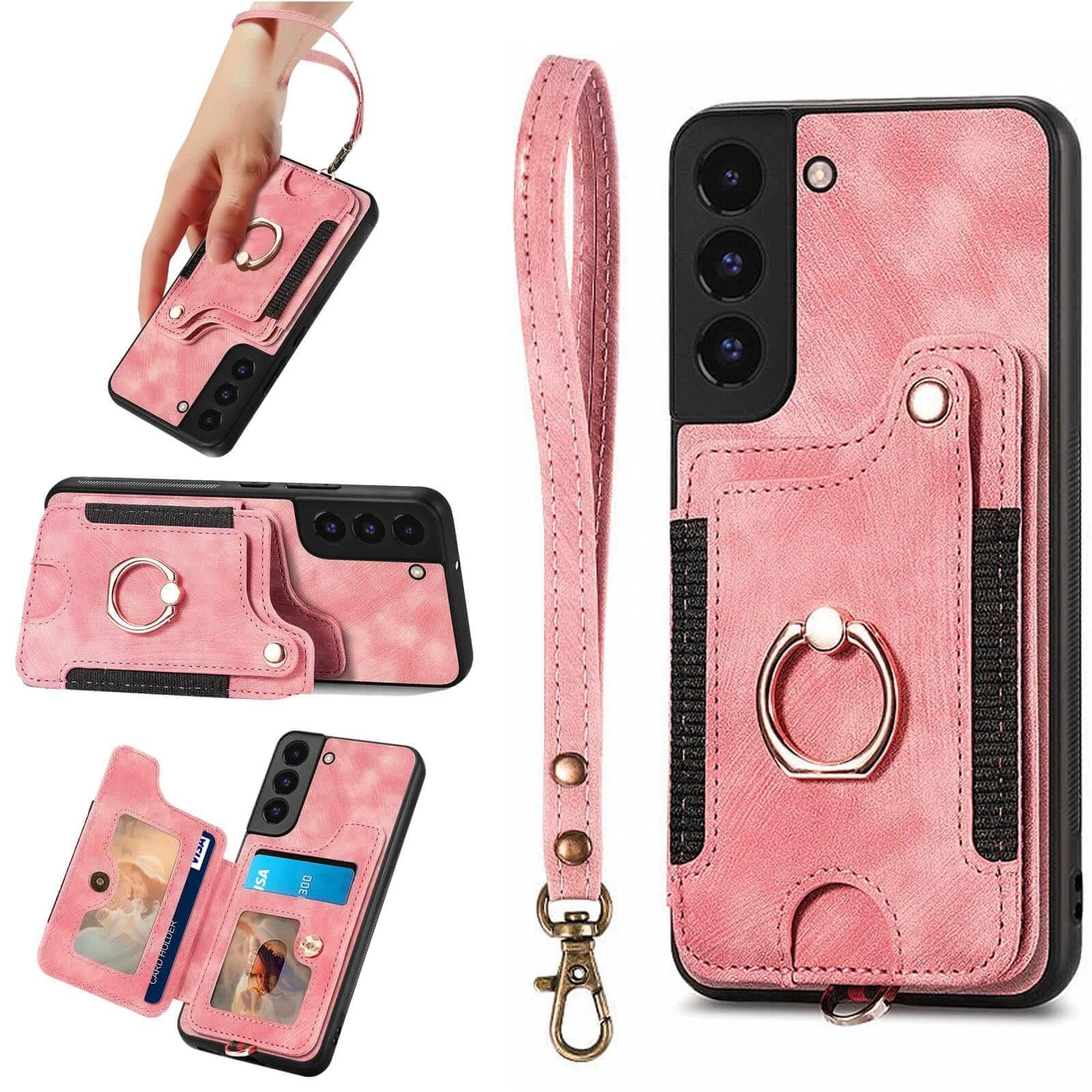 JanCalm for Samsung S22 Case Card Holder Wallet, Ring Stand, RFID Blocking, Wrist Strap, Camera Protector, Leather Magnetic Clasp Protective Cover for