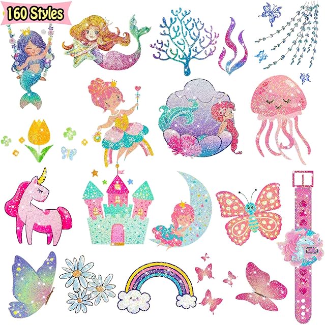 Leesgel Glitter Tattoos for Kids Girls, 160 Styles Glitter Tattoos for Kids Party Bag Fillers, Fake Transfer Tattoo Stickers for Boys Girls Gifts Games Toys Birthday Decorations Supplies