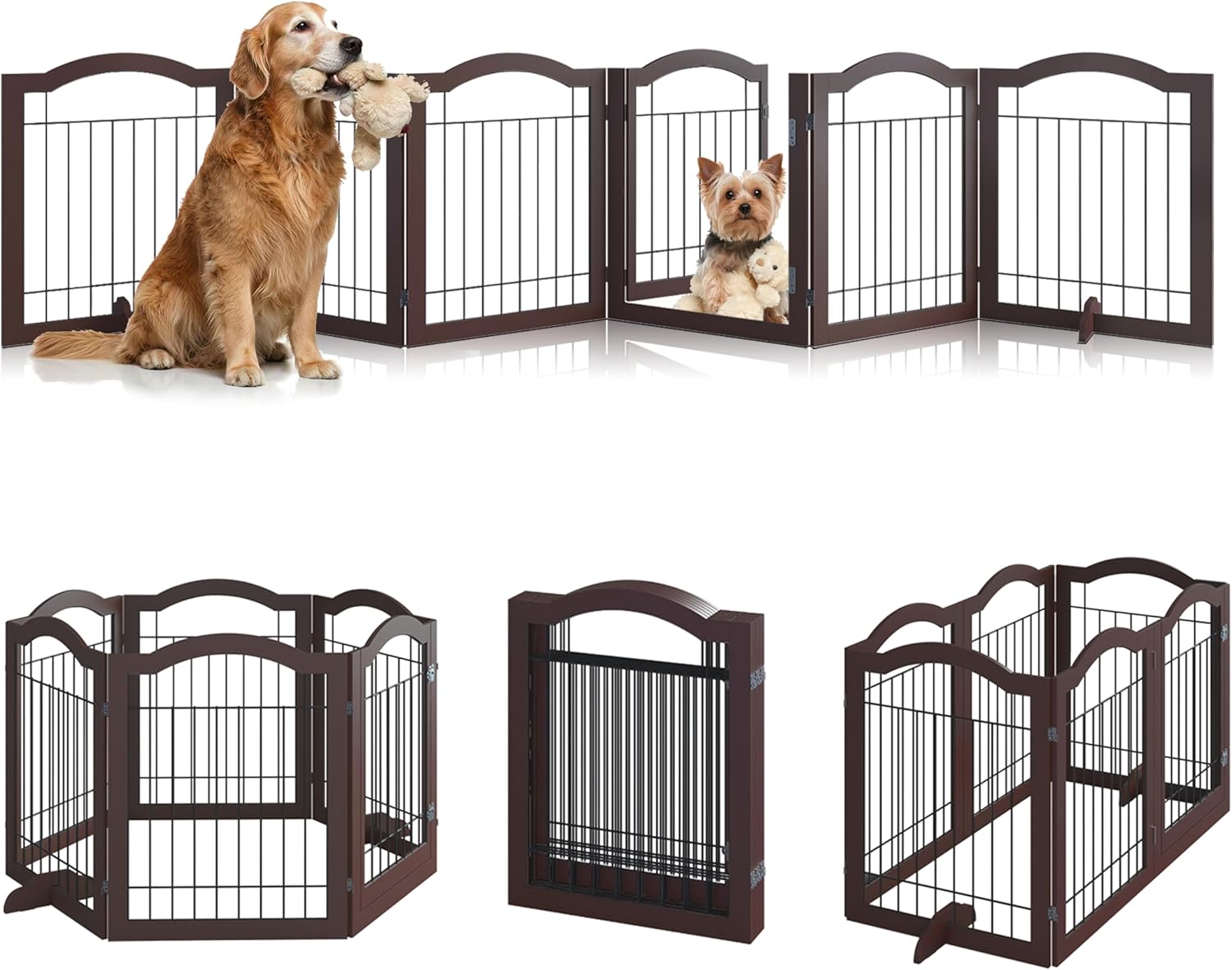 Vantas Folding No-Assembly Dog Door Pet Gate 144" Wide, 30" Tall Wooden Dog Gate with Door Walk Through, Freestanding Wire Pet Gate, Pet Puppy Safety Fence, with 2PCS Support  Espresso